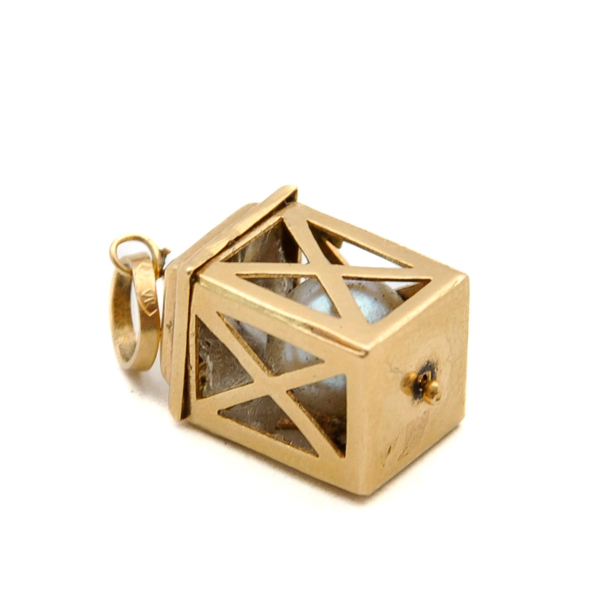 Vintage 18K Gold Italian Pearl Lantern Charm Pendant For Sale 3