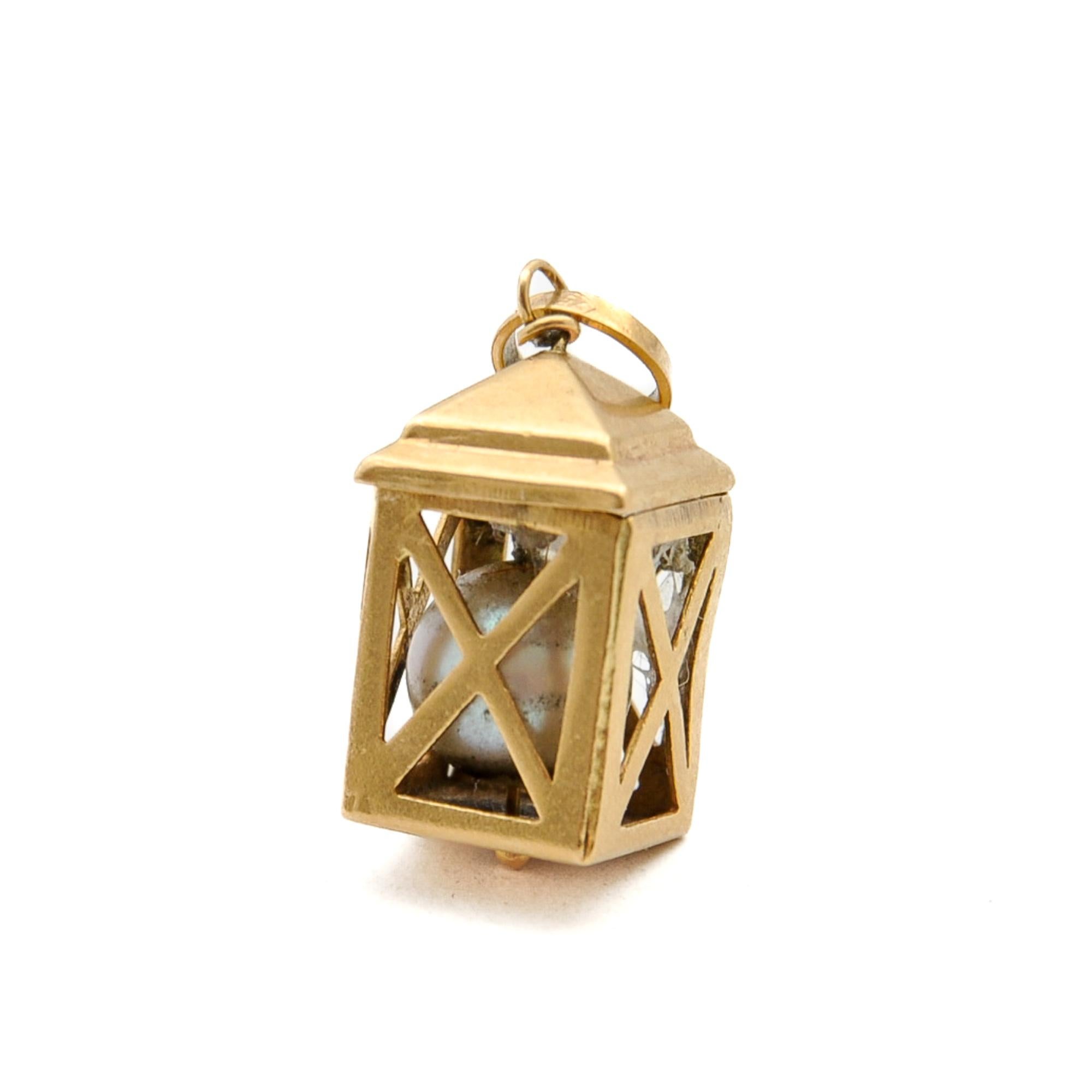 Vintage 18K Gold Italian Pearl Lantern Charm Pendant For Sale 4
