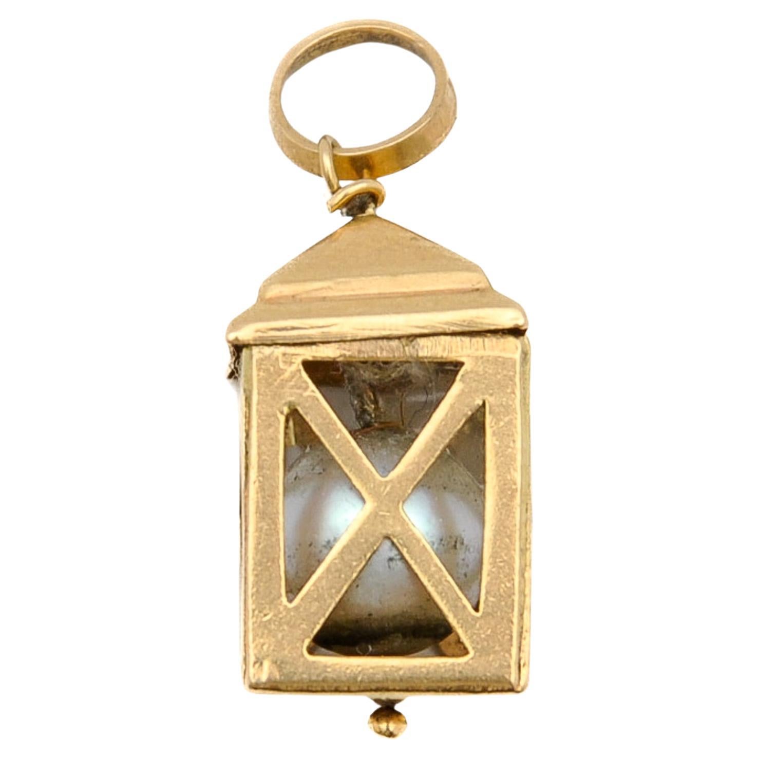 Vintage 18K Gold Italian Pearl Lantern Charm Pendant For Sale