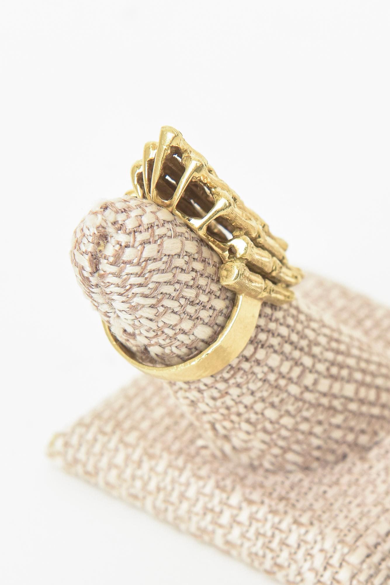 18K Gold Italian Vintage Bamboo Style Elongated Cocktail Ring For Sale 6