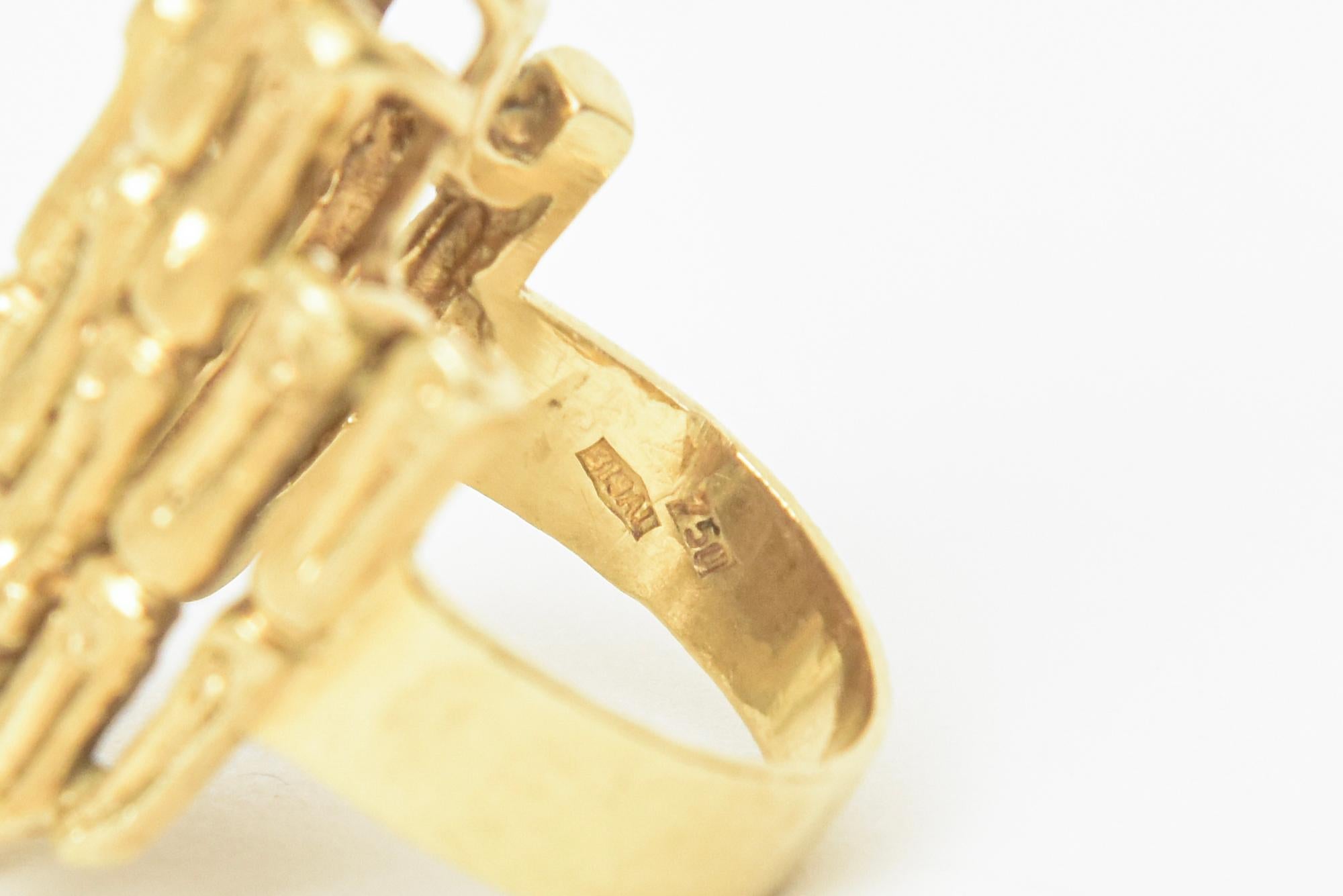 18K Gold Italian Vintage Bamboo Style Elongated Cocktail Ring For Sale 7