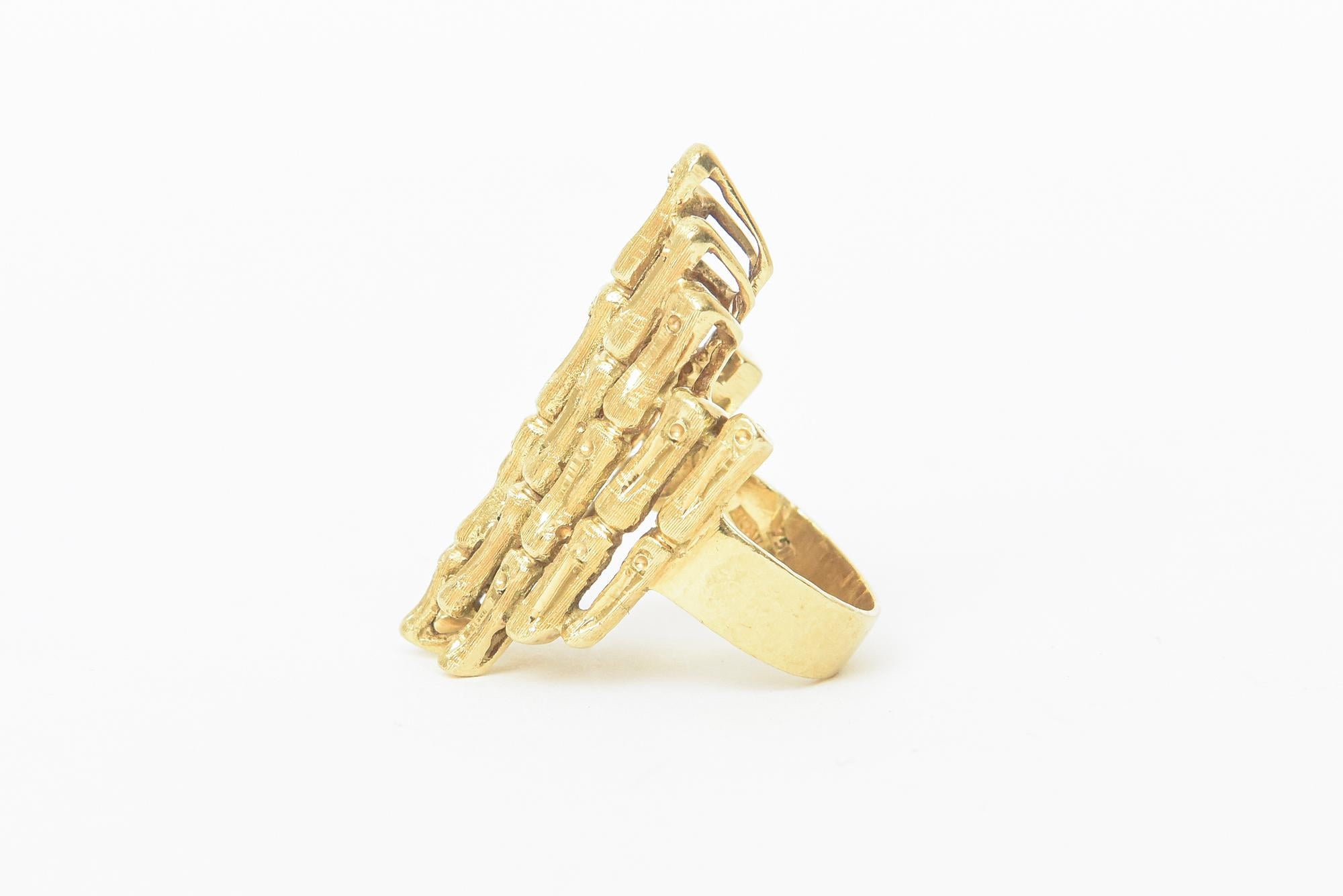 Modern 18K Gold Italian Vintage Bamboo Style Elongated Cocktail Ring For Sale