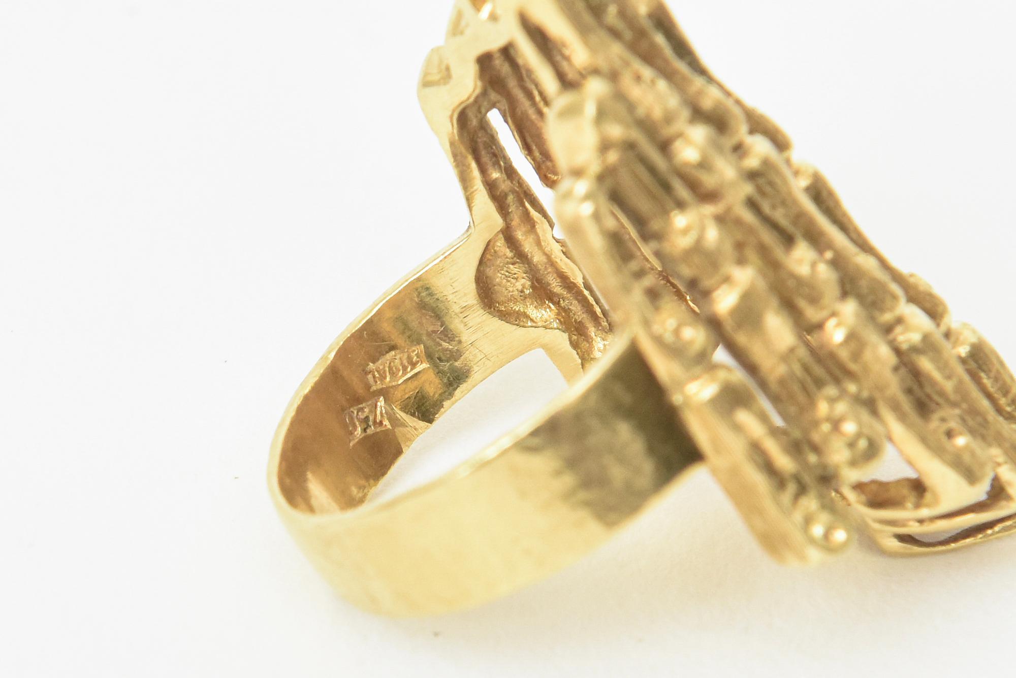 18K Gold Italian Vintage Bamboo Style Elongated Cocktail Ring In Good Condition For Sale In North Miami, FL