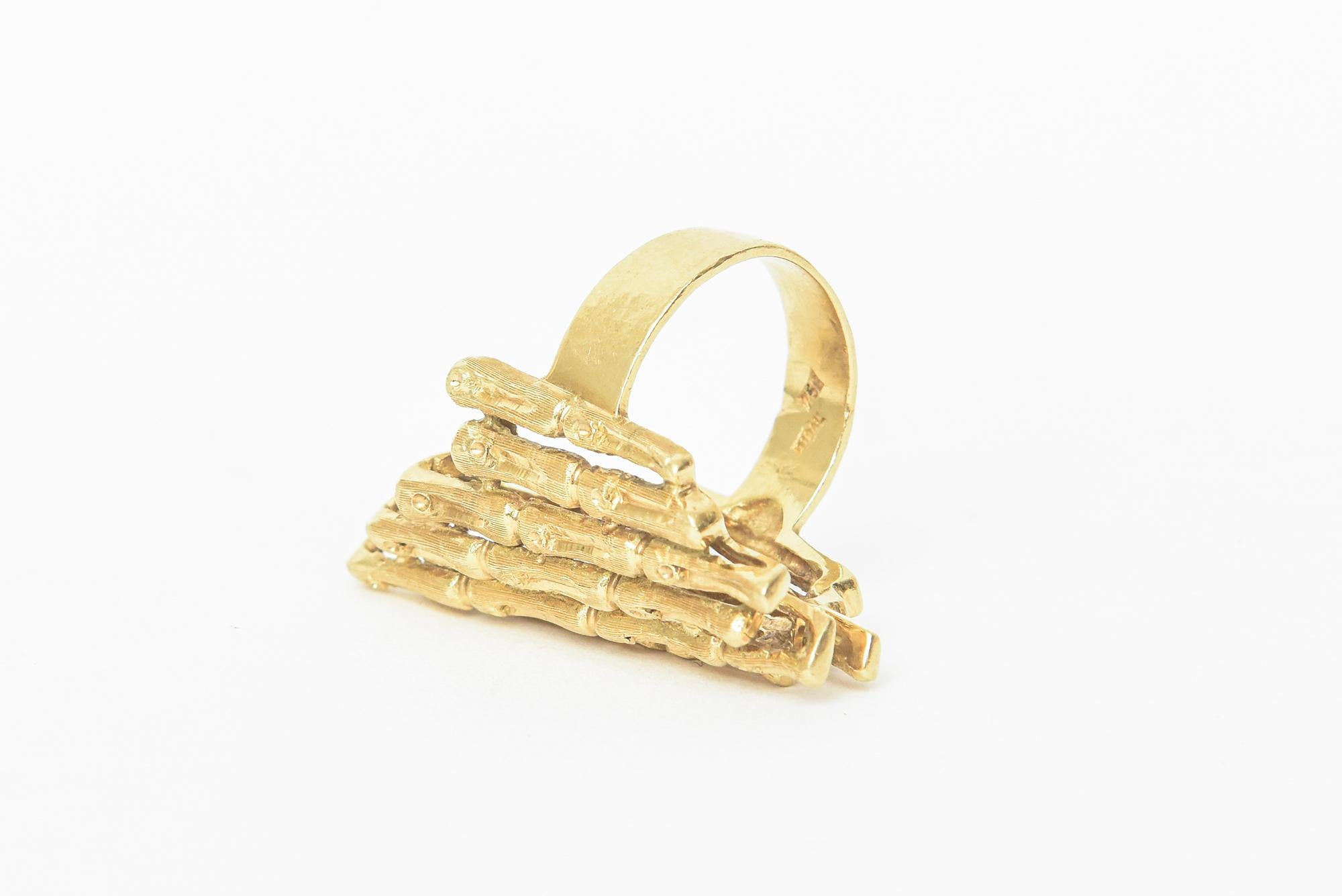 Women's 18K Gold Italian Vintage Bamboo Style Elongated Cocktail Ring For Sale