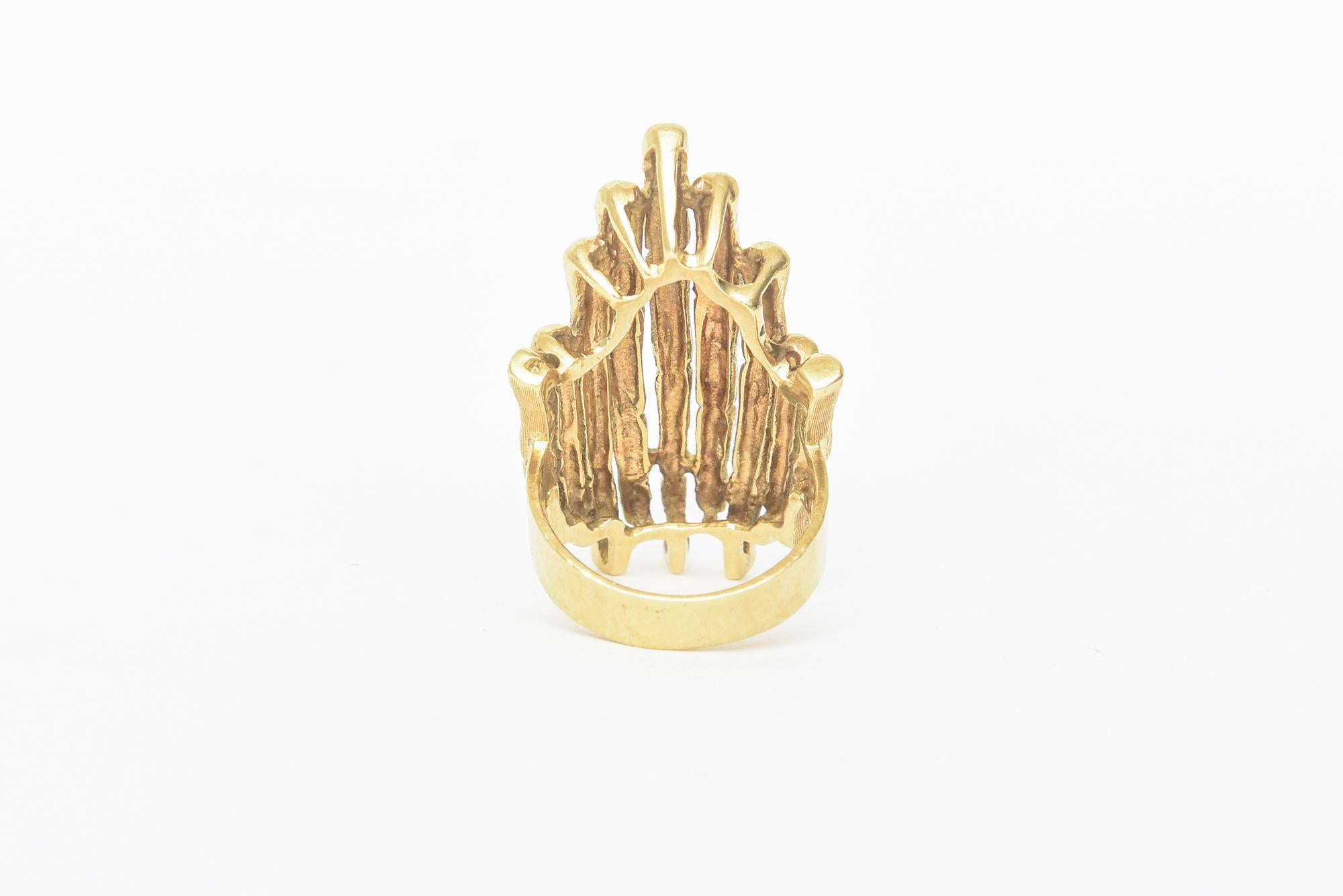 18K Gold Italian Vintage Bamboo Style Elongated Cocktail Ring For Sale 1