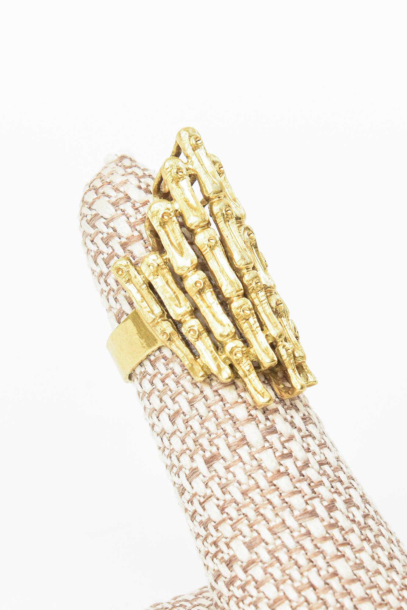 18K Gold Italian Vintage Bamboo Style Elongated Cocktail Ring For Sale 4