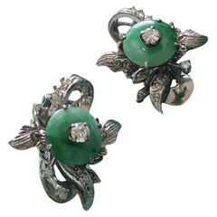 18k Gold Jade Diamond Floral Clip Earrings