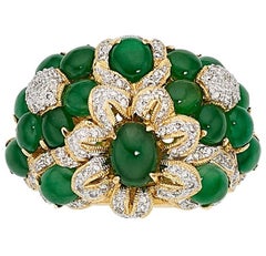 18k Gold & Jadeite Jade Cabochon Floral Ring with 0.5 Carat Diamond, Size 6.75