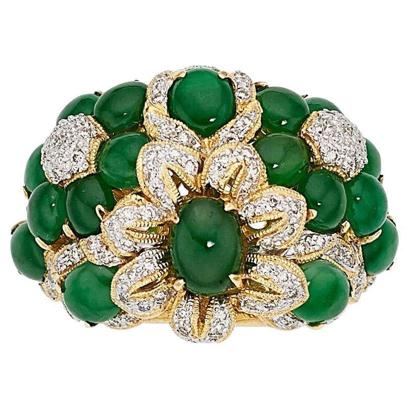 18k Gold & Jadeite Jade Cabochon Floral Ring with 0.5 Carat Diamond, Size 6.75