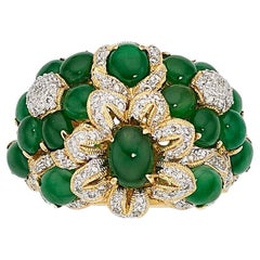 Anillo Floral de Oro de 18k y Cabujón de Jadeíta con Diamante de 0,5 Quilates, Talla 6,75