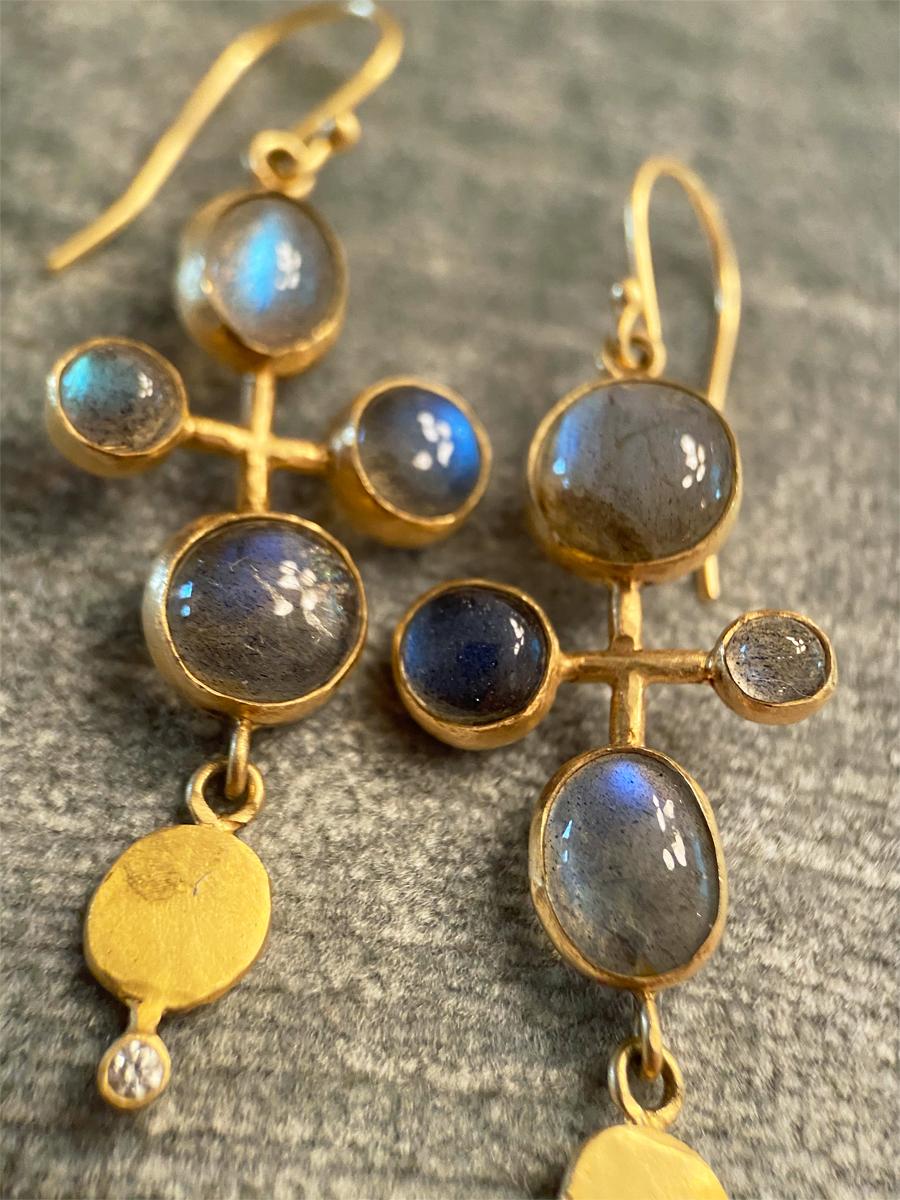 Artist Margery Hirschey 18 Karat Gold Labradorite and Diamond Quatrefoil Earrings For Sale