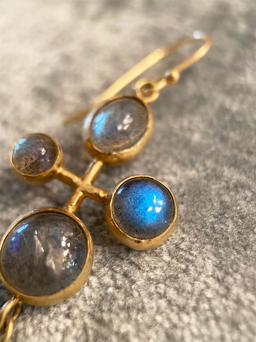 Cabochon Margery Hirschey 18 Karat Gold Labradorite and Diamond Quatrefoil Earrings For Sale