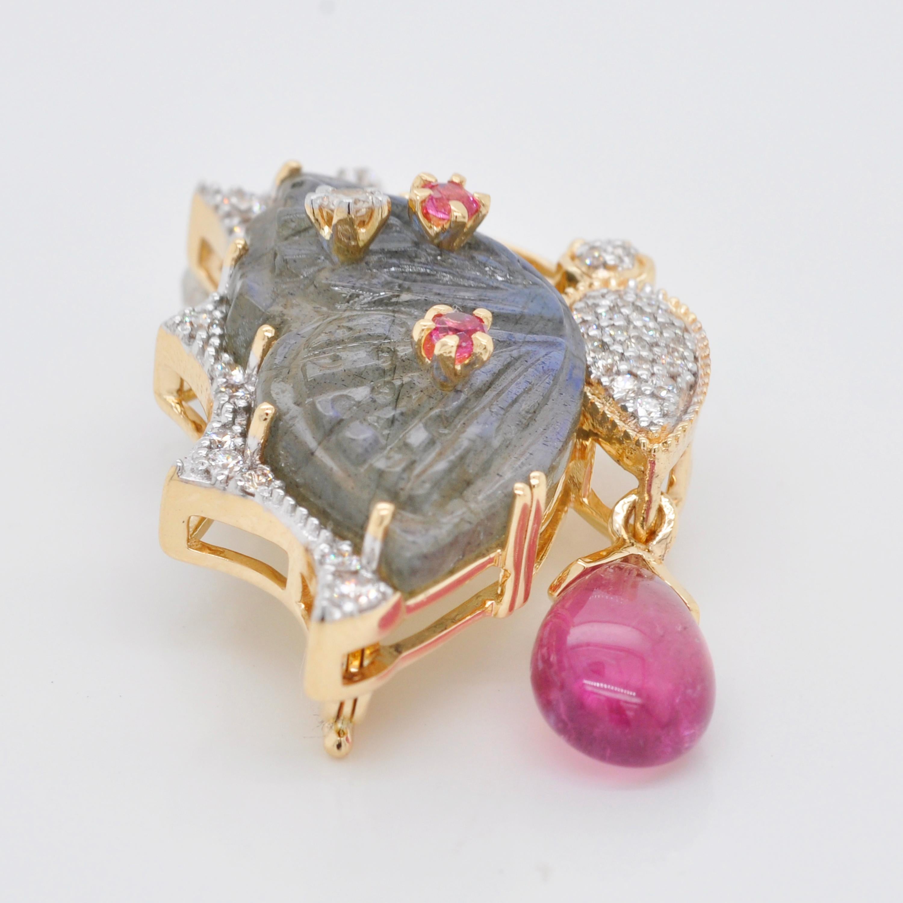 18K Gold Labradorite Butterfly Carving Pink Tourmaline Diamond Pendant Brooch For Sale 4