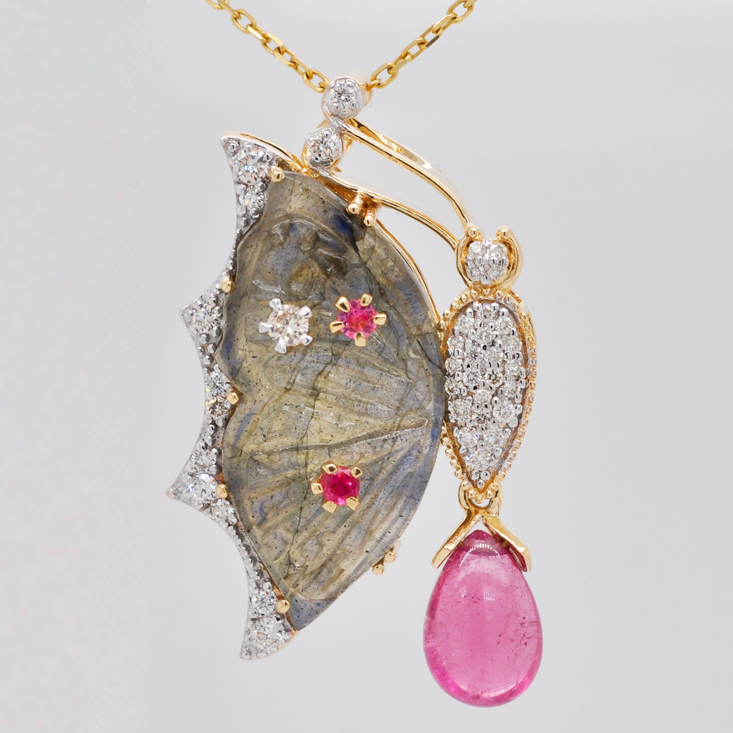 18K gold Labradorite Butterfly Carving Pink Tourmaline Diamond Pendant Brooch For Sale 5