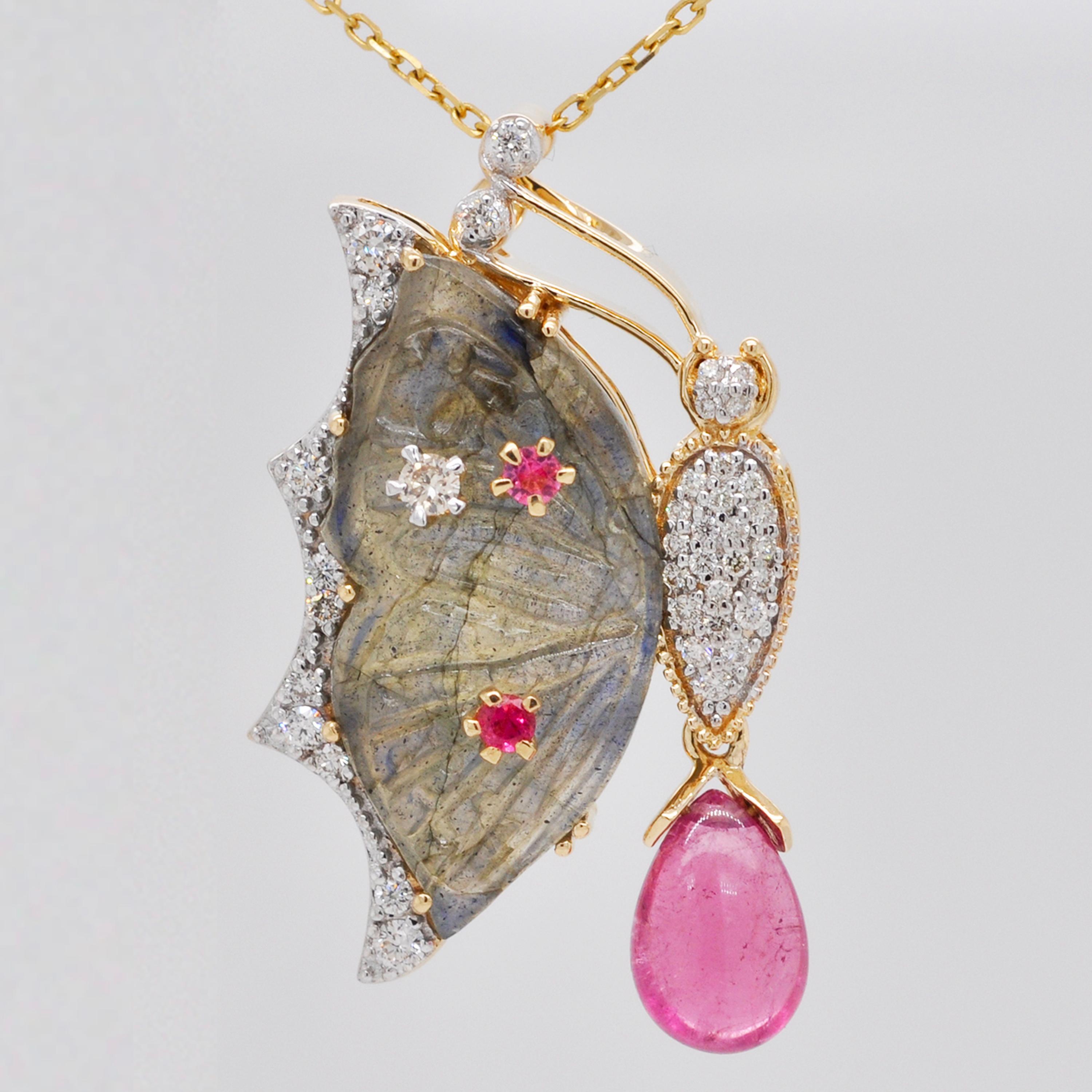 18K Gold Labradorite Butterfly Carving Pink Tourmaline Diamond Pendant Brooch For Sale 6