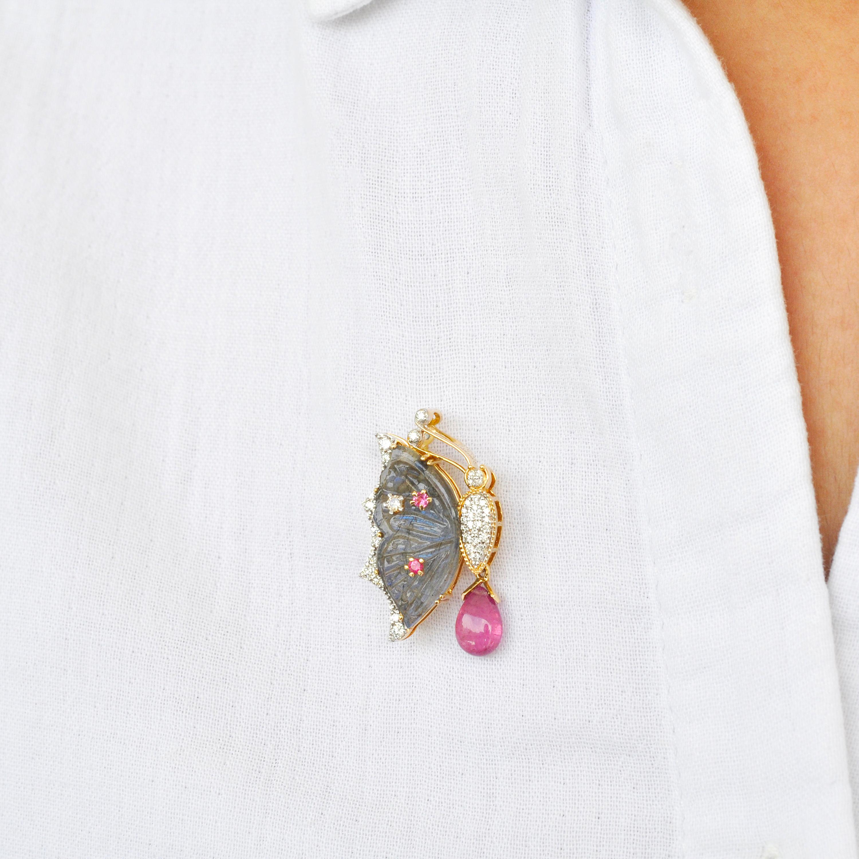 18K Gold Labradorite Butterfly Carving Pink Tourmaline Diamond Pendant Brooch For Sale 7