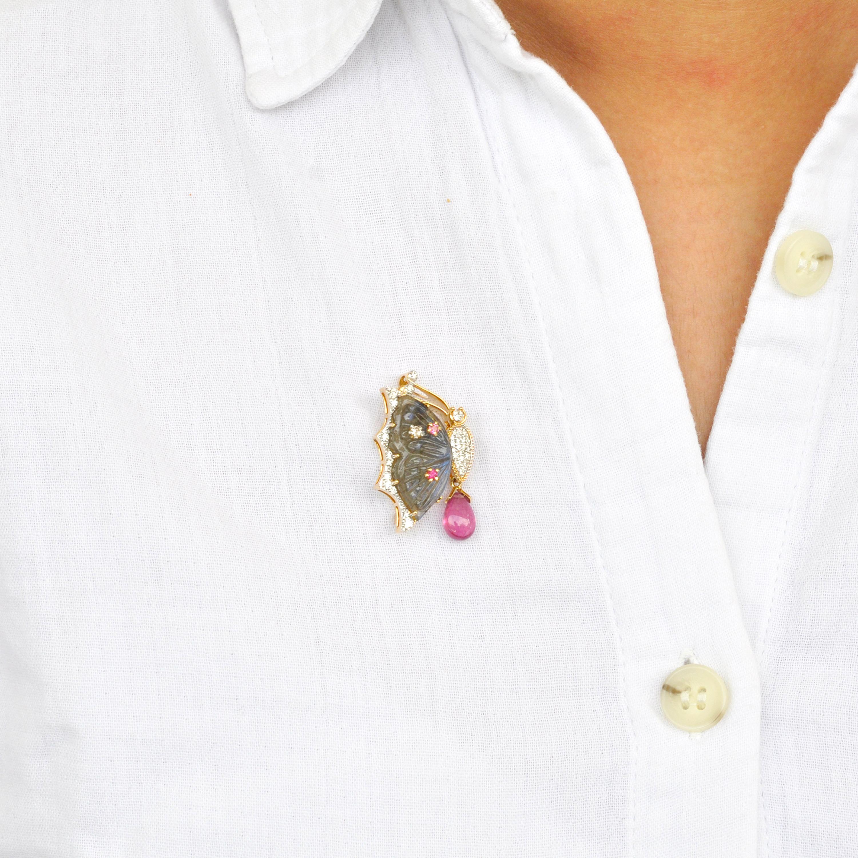 18K Gold Labradorite Butterfly Carving Pink Tourmaline Diamond Pendant Brooch For Sale 8