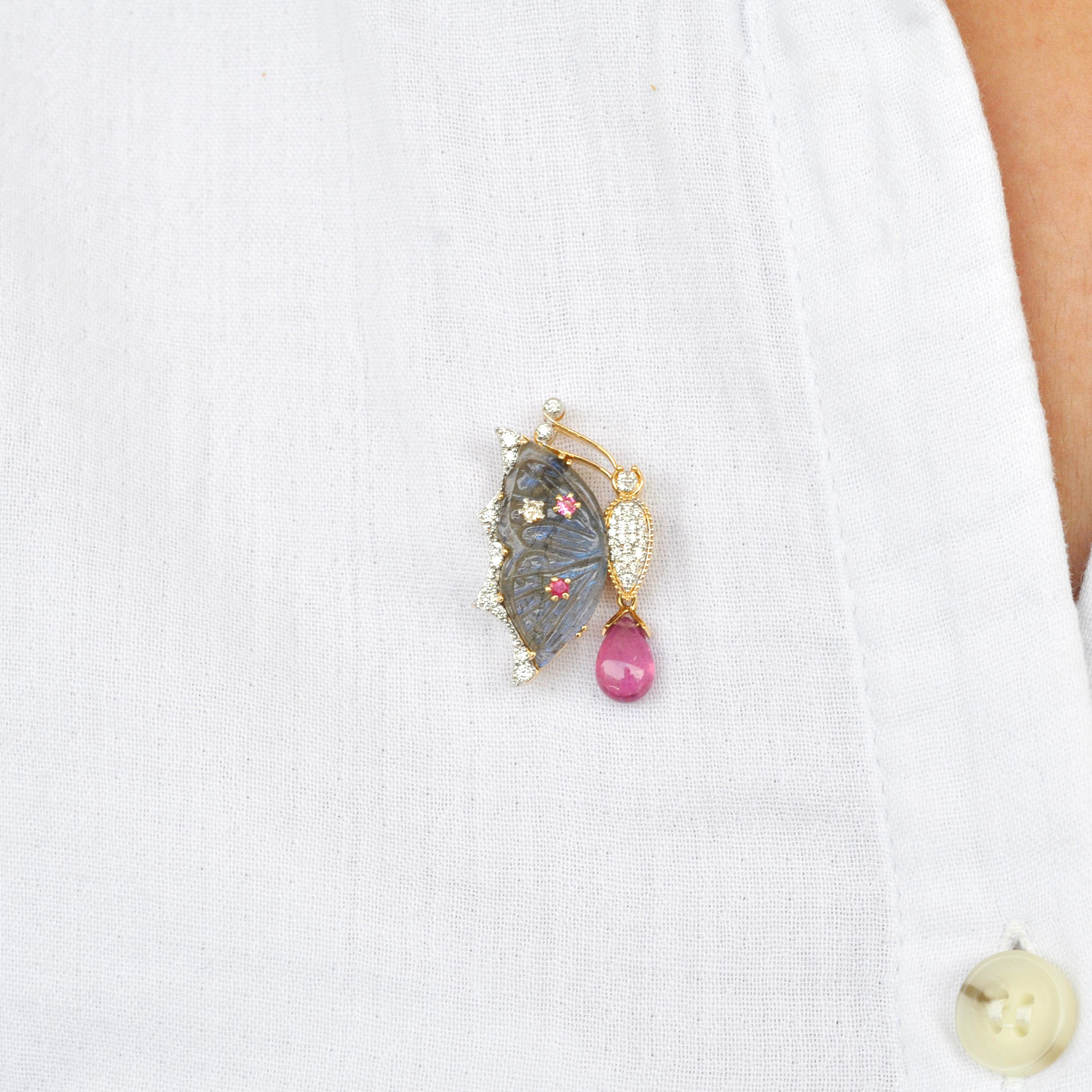 18K Gold Labradorite Butterfly Carving Pink Tourmaline Diamond Pendant Brooch For Sale 9