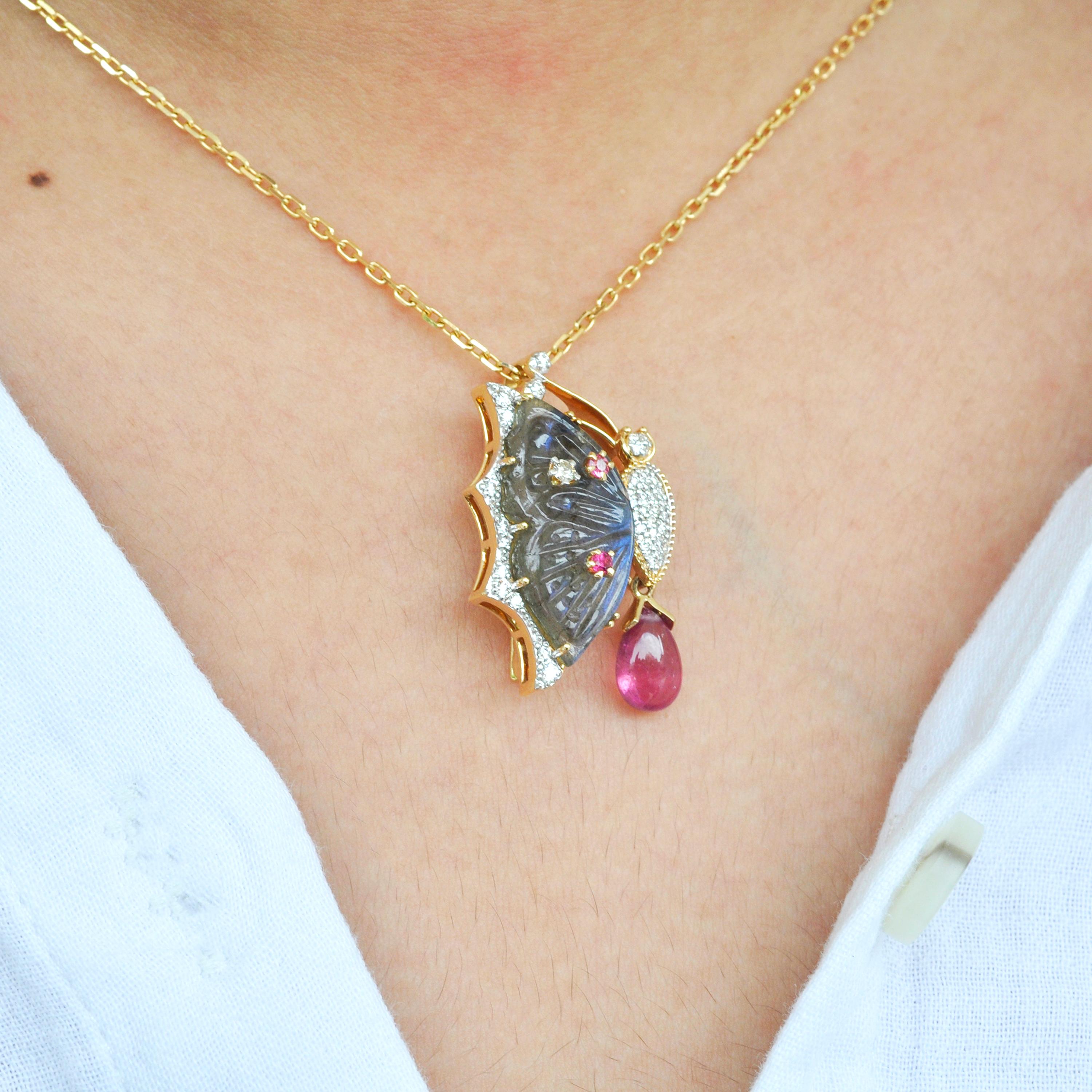18K Gold Labradorite Butterfly Carving Pink Tourmaline Diamond Pendant Brooch For Sale 11