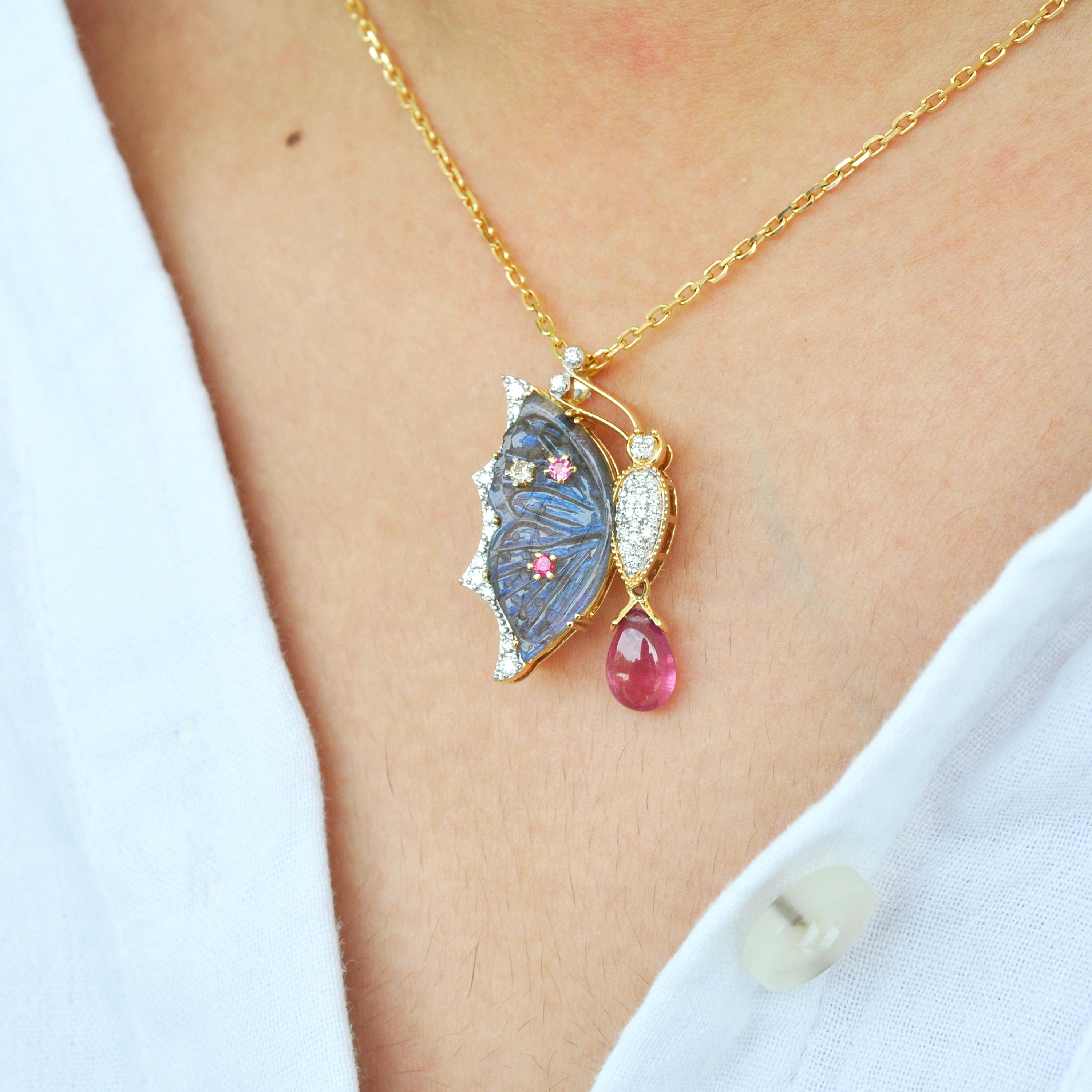 18K Gold Labradorite Butterfly Carving Pink Tourmaline Diamond Pendant Brooch For Sale 12