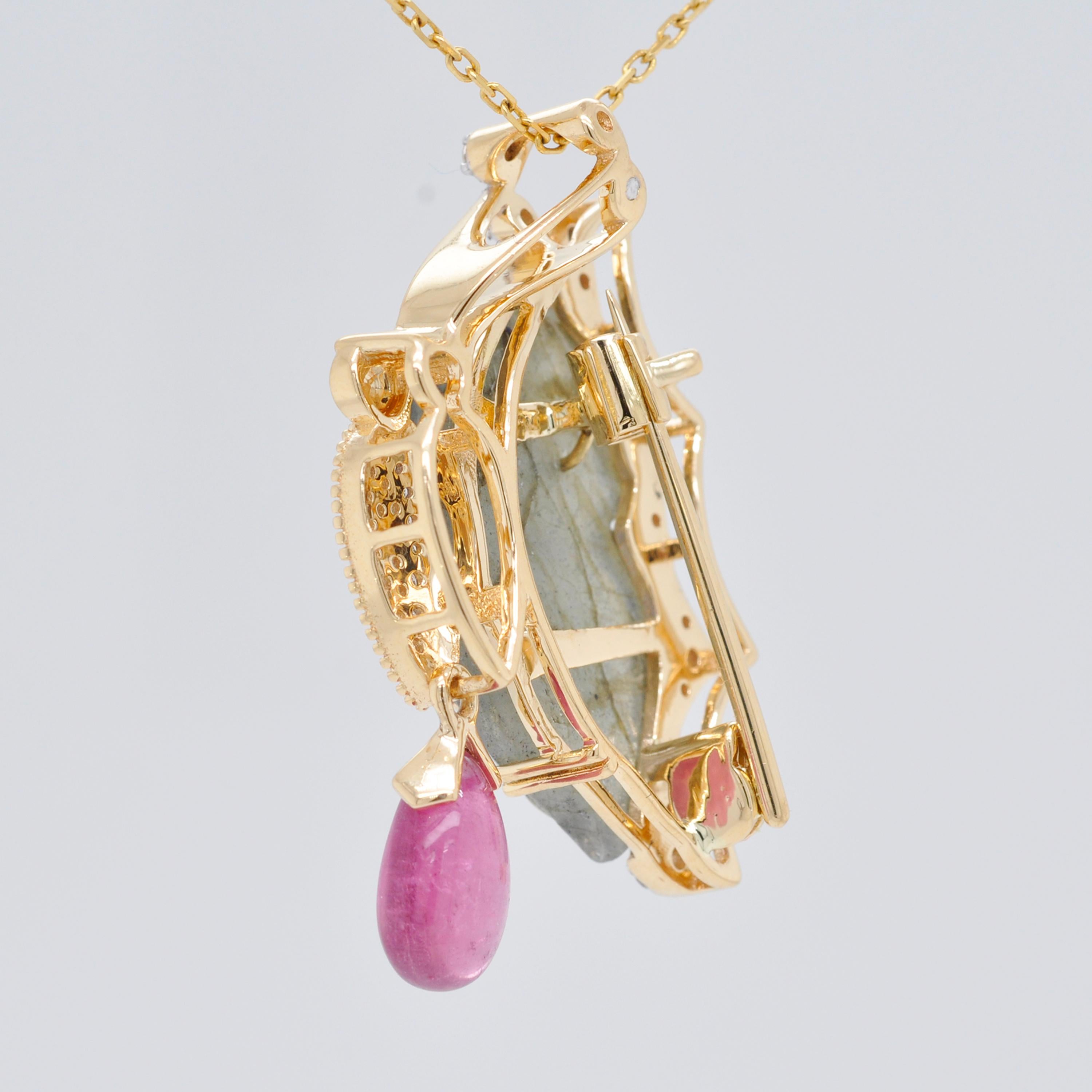 Women's or Men's 18K Gold Labradorite Butterfly Carving Pink Tourmaline Diamond Pendant Brooch For Sale