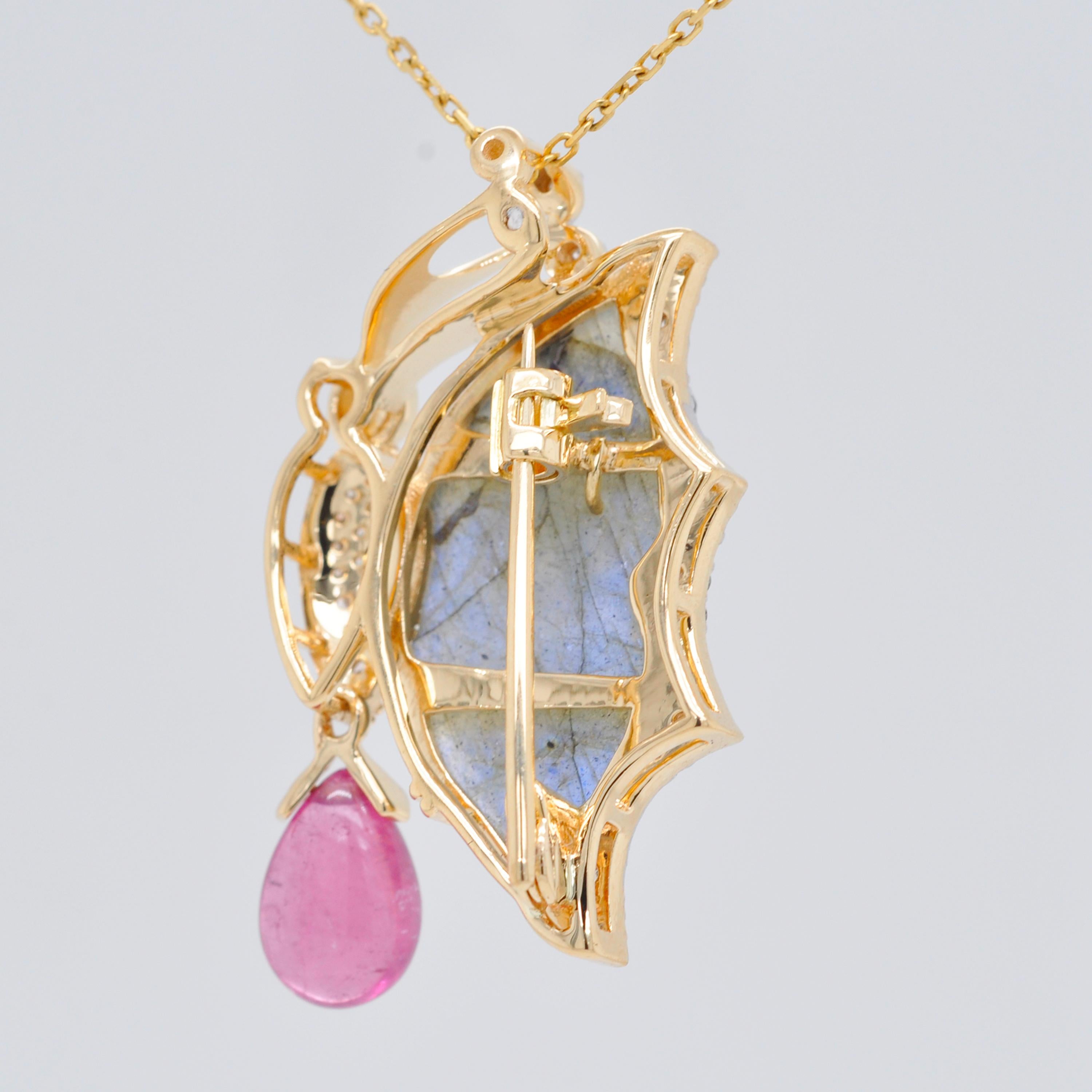 Women's or Men's 18K gold Labradorite Butterfly Carving Pink Tourmaline Diamond Pendant Brooch For Sale