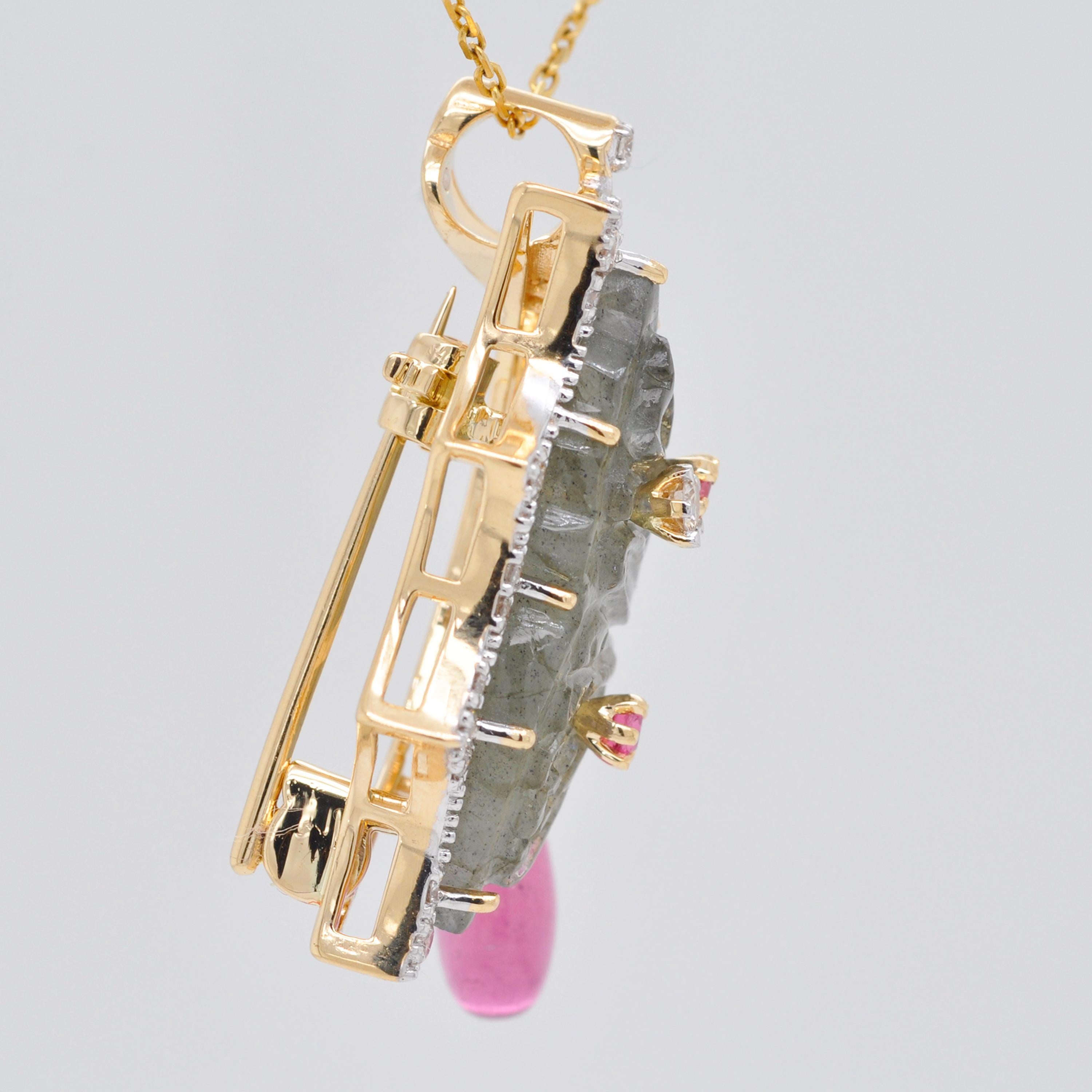 18K Gold Labradorite Butterfly Carving Pink Tourmaline Diamond Pendant Brooch For Sale 2