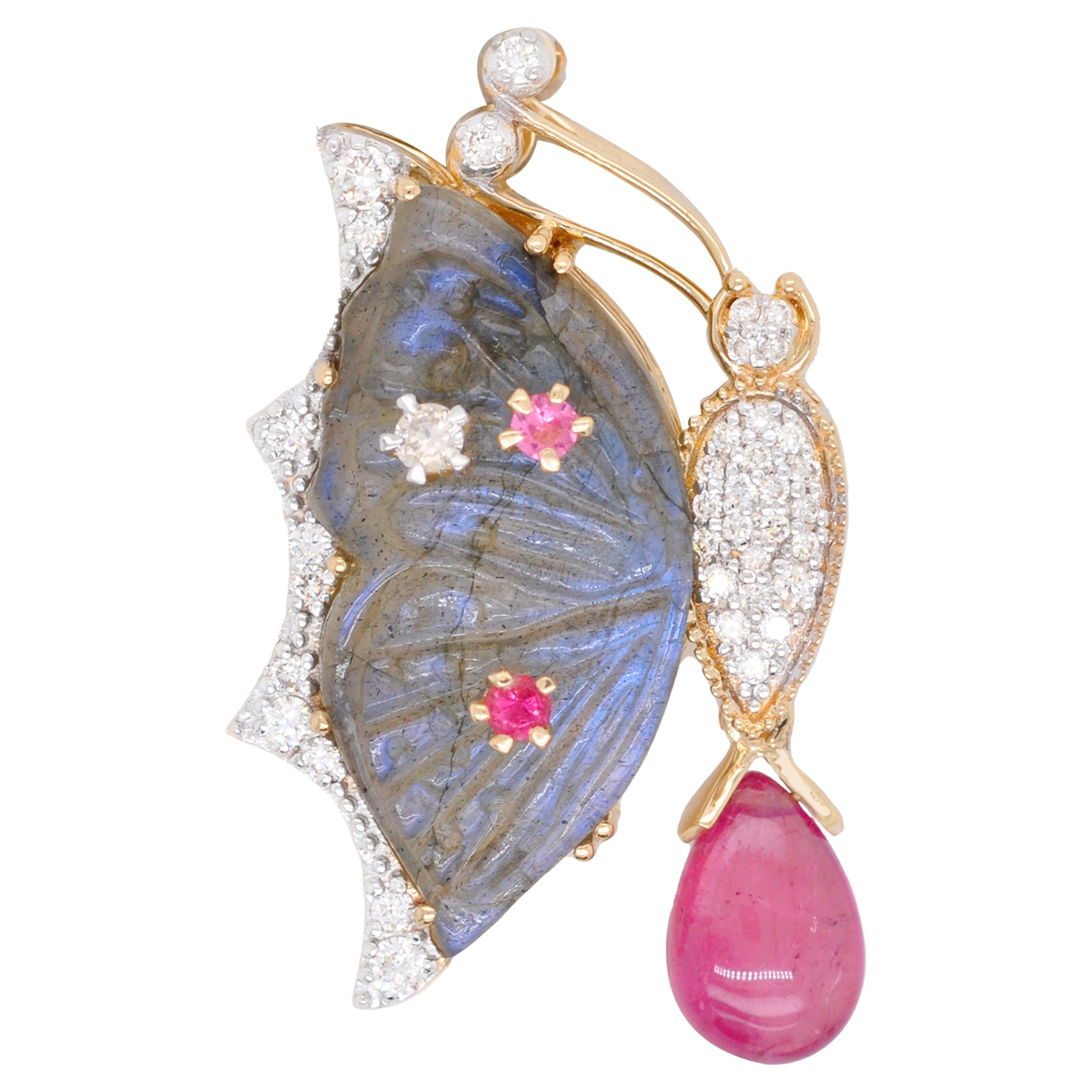 18K Gold Labradorite Butterfly Carving Pink Tourmaline Diamond Pendant Brooch For Sale