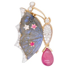 18K Gold Labradorite Butterfly Carving Pink Tourmaline Diamond Pendant Brooch