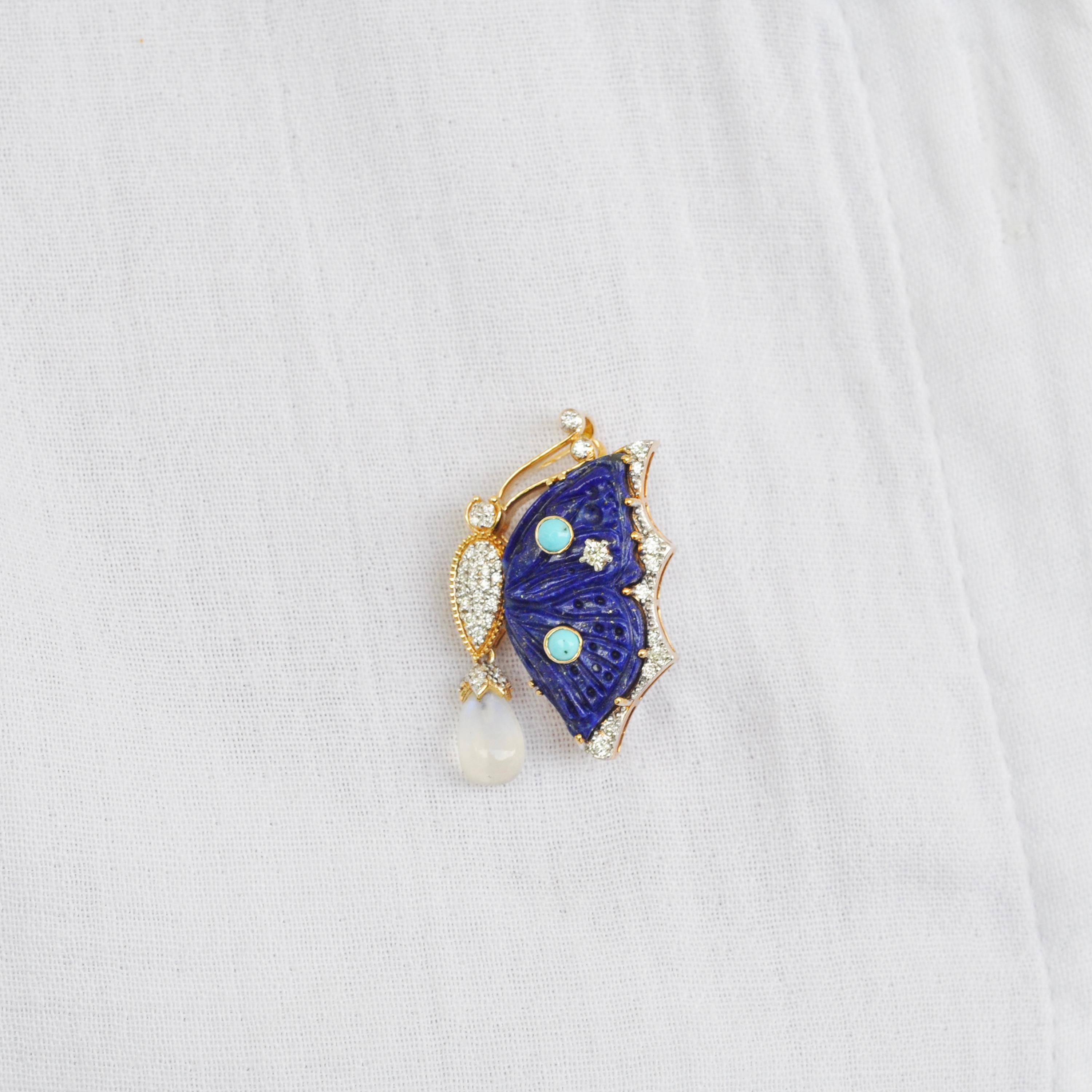 Broche pendentif papillon sculpté en or 18 carats, lapis-lazuli et turquoise en vente 4