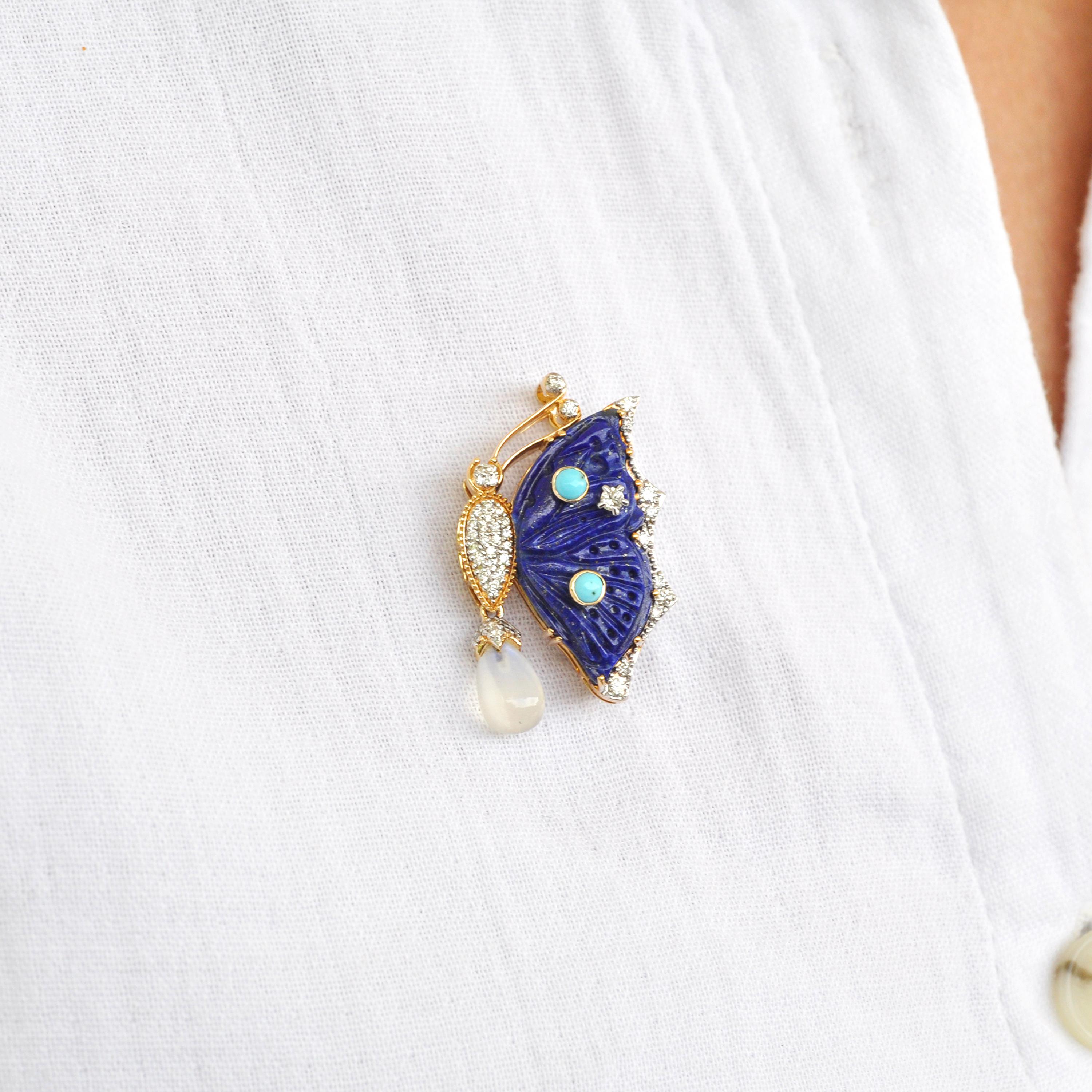 Broche pendentif papillon sculpté en or 18 carats, lapis-lazuli et turquoise en vente 5