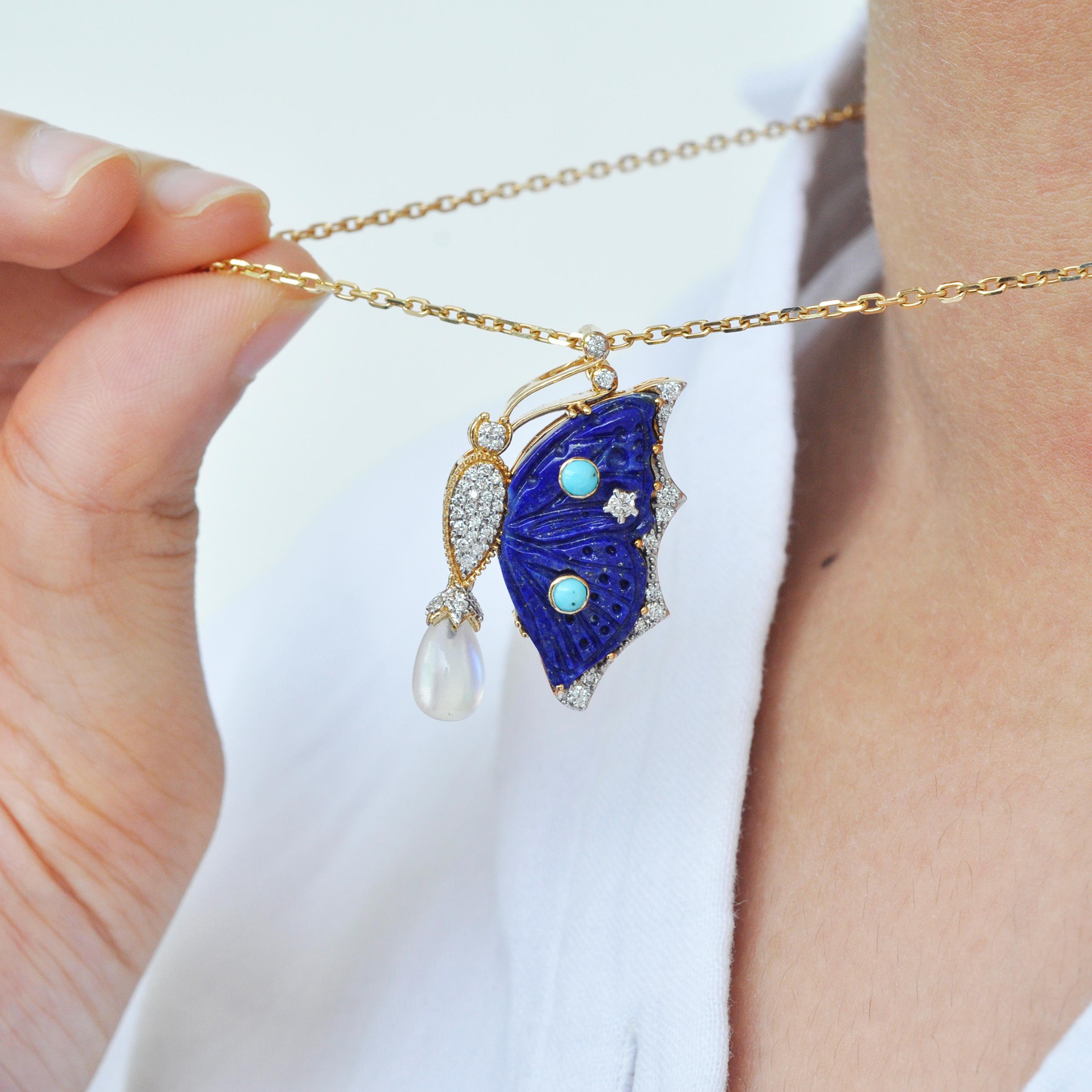 Broche pendentif papillon sculpté en or 18 carats, lapis-lazuli et turquoise en vente 9