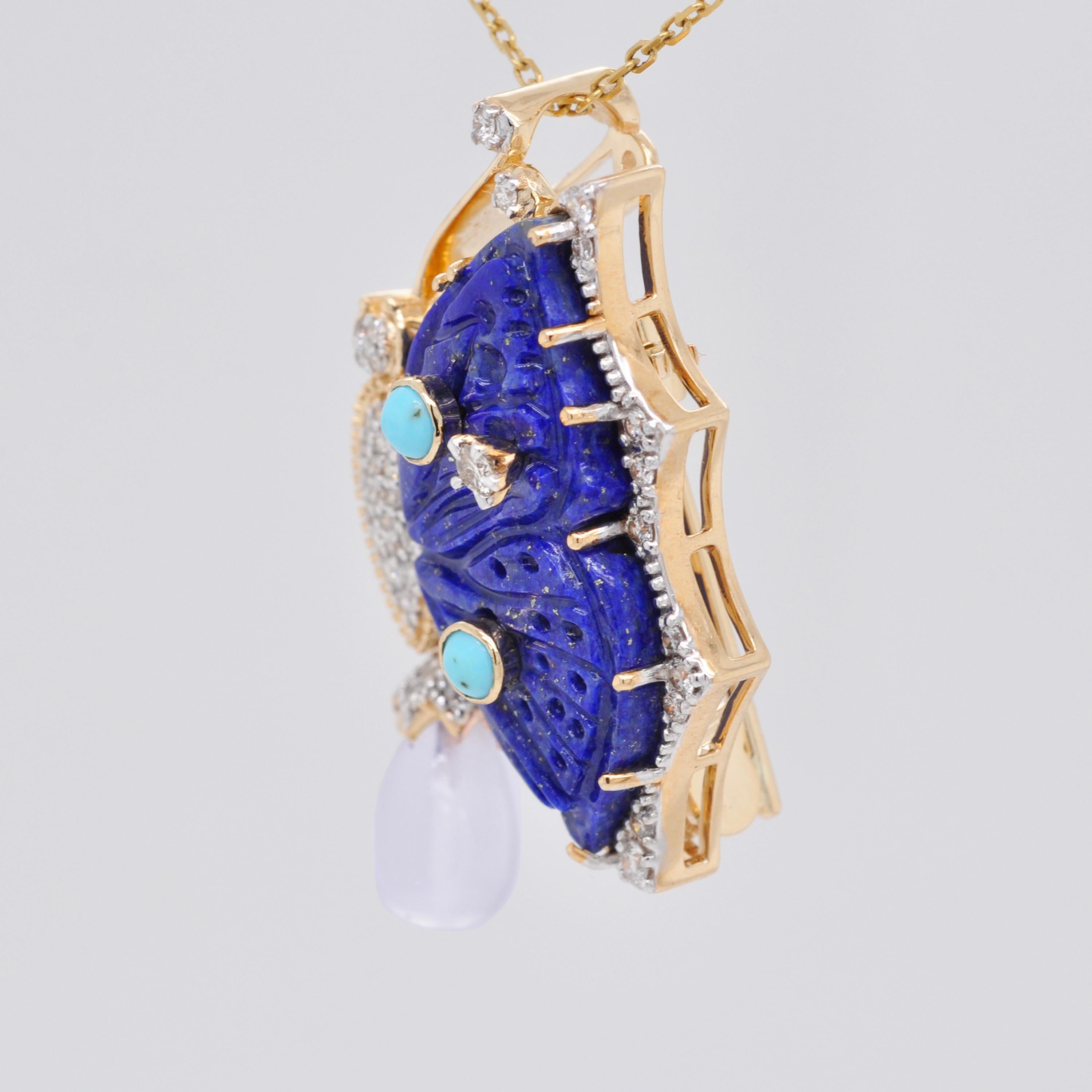 Contemporary 18K Gold Lapis Lazuli Butterfly Carving Turquoise Moonstone Pendant Brooch For Sale