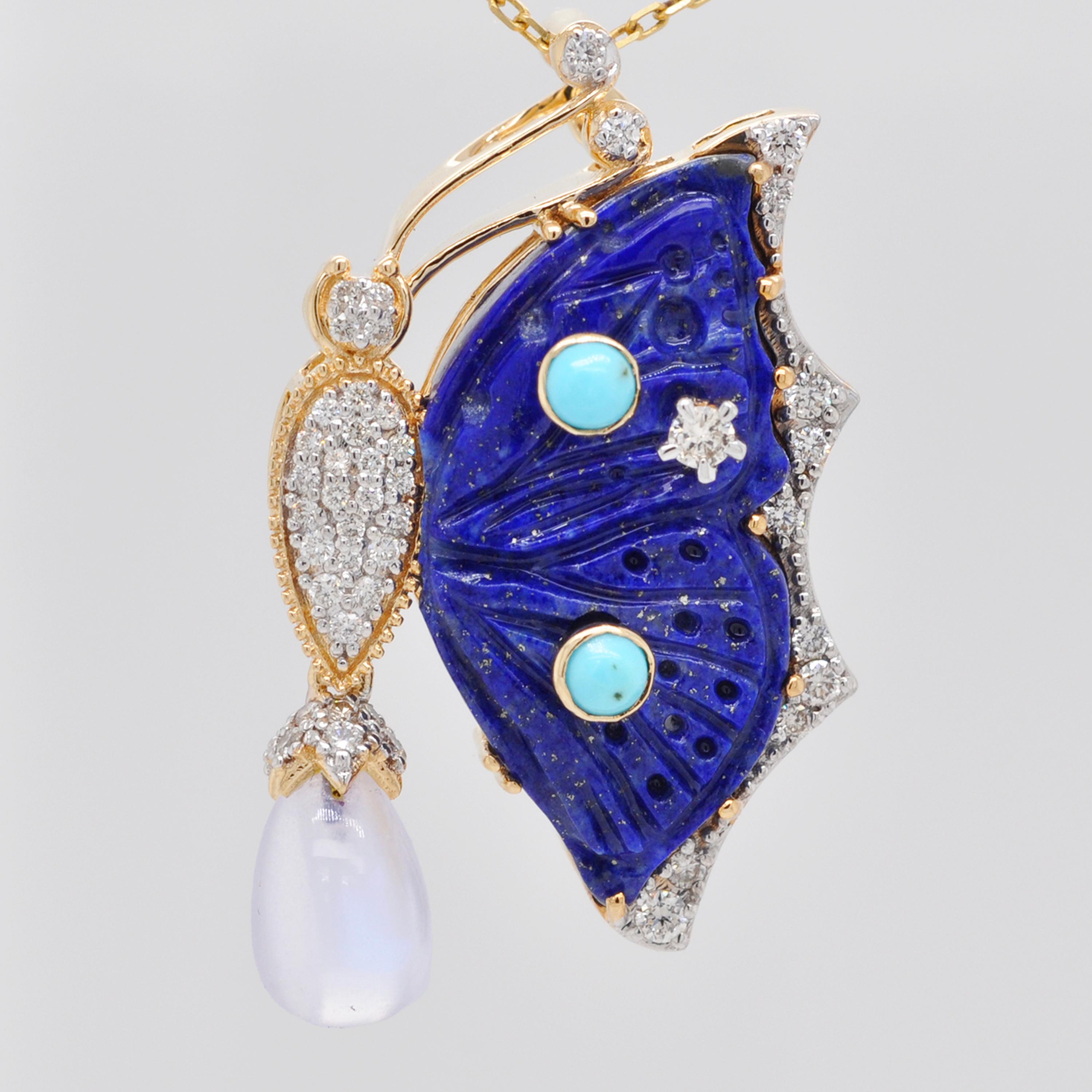 Mixed Cut 18K Gold Lapis Lazuli Butterfly Carving Turquoise Moonstone Pendant Brooch For Sale