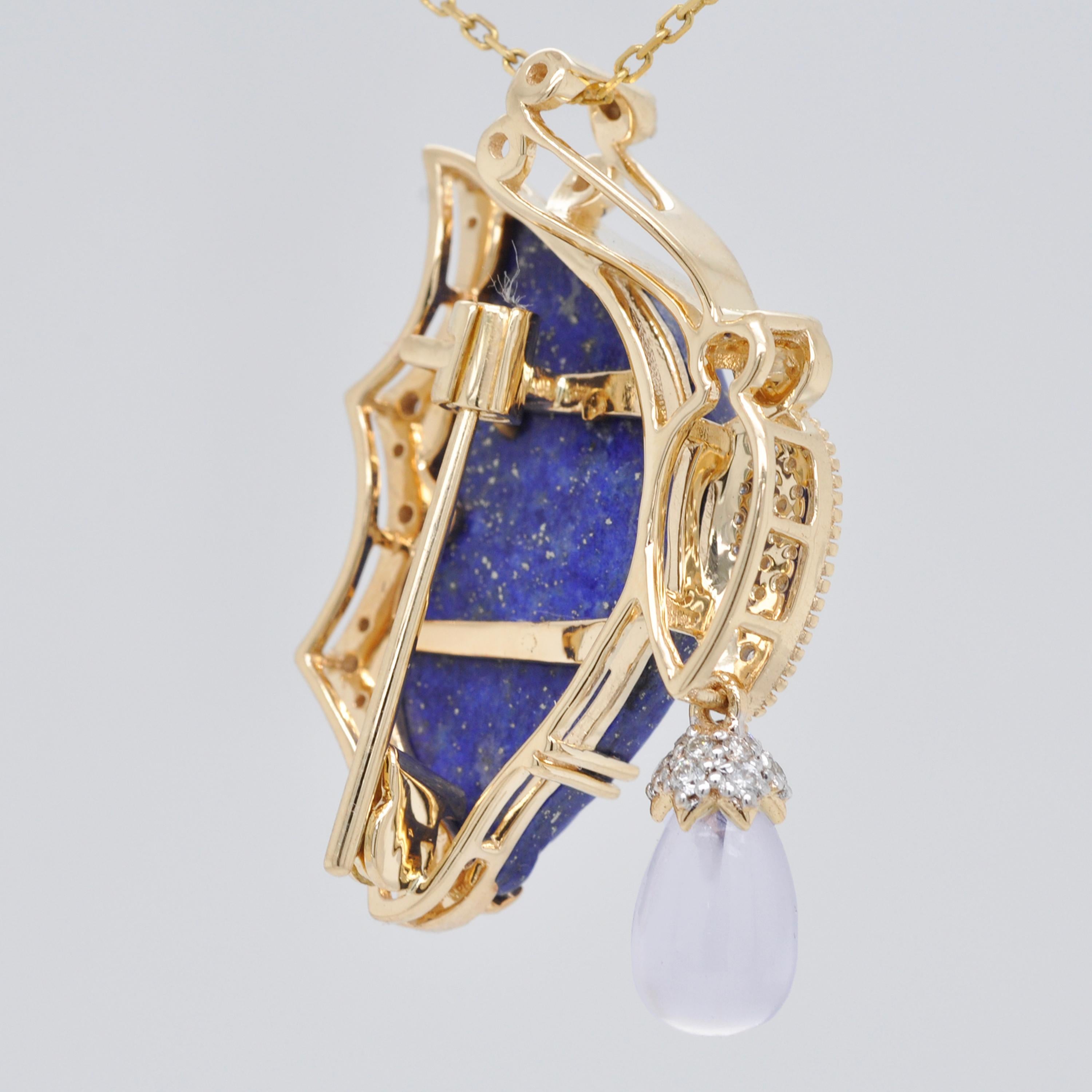 18K Gold Lapis Lazuli Butterfly Carving Turquoise Moonstone Pendant Brooch In New Condition For Sale In Jaipur, Rajasthan