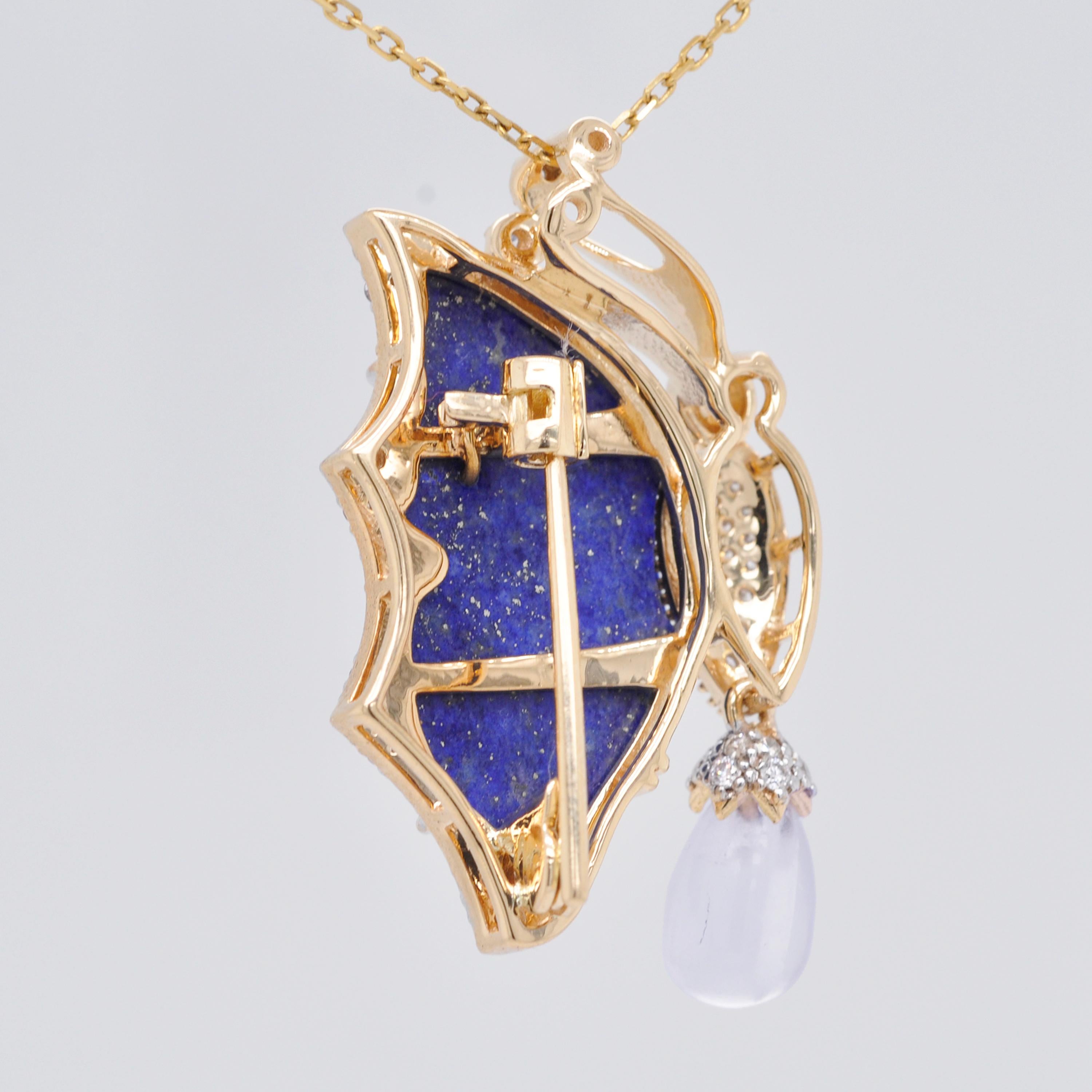 Women's 18K Gold Lapis Lazuli Butterfly Carving Turquoise Moonstone Pendant Brooch For Sale