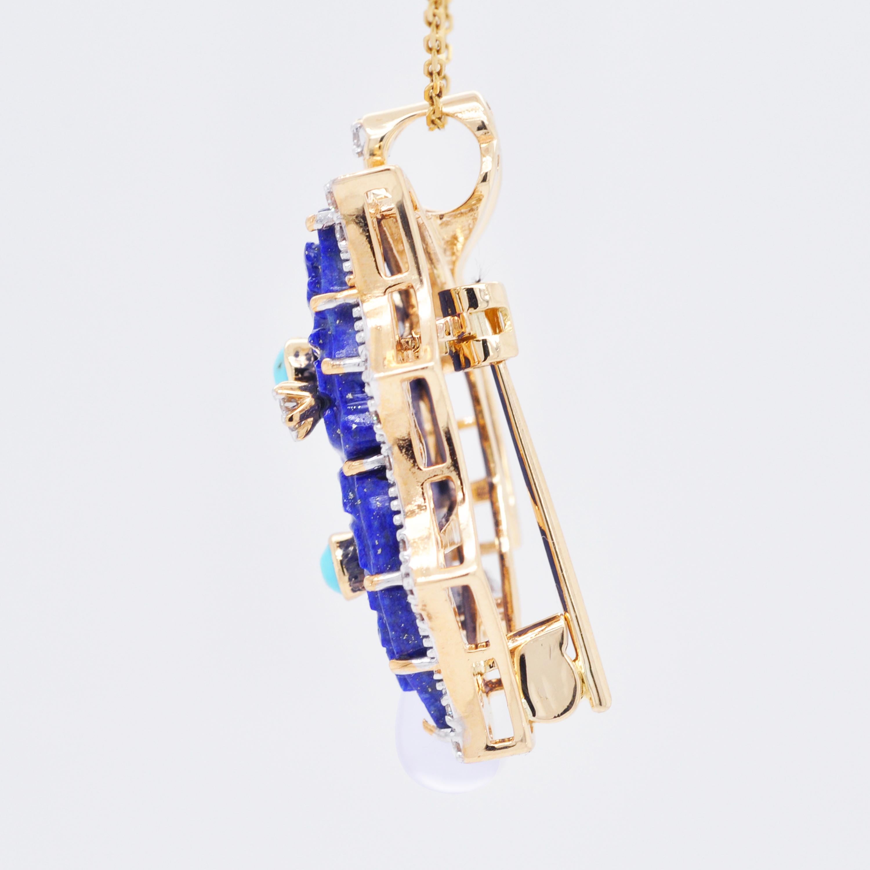 Broche pendentif papillon sculpté en or 18 carats, lapis-lazuli et turquoise en vente 3
