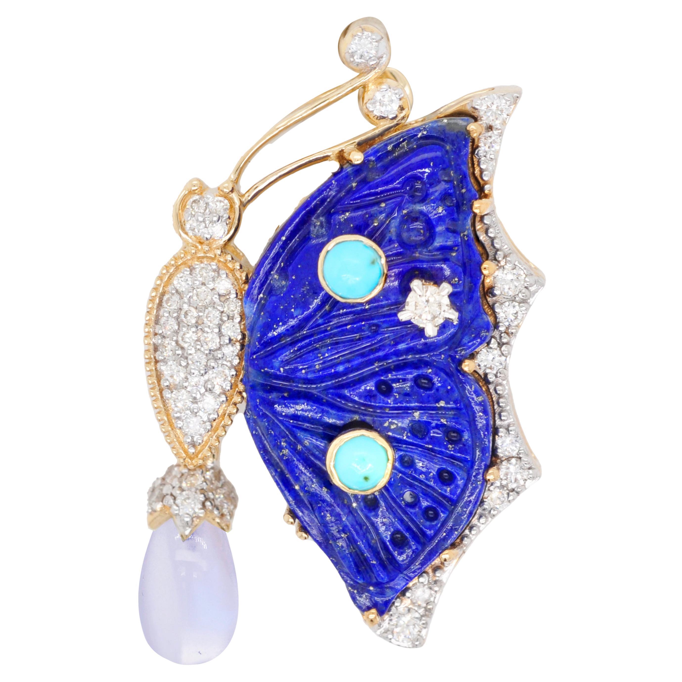 Broche pendentif papillon sculpté en or 18 carats, lapis-lazuli et turquoise en vente