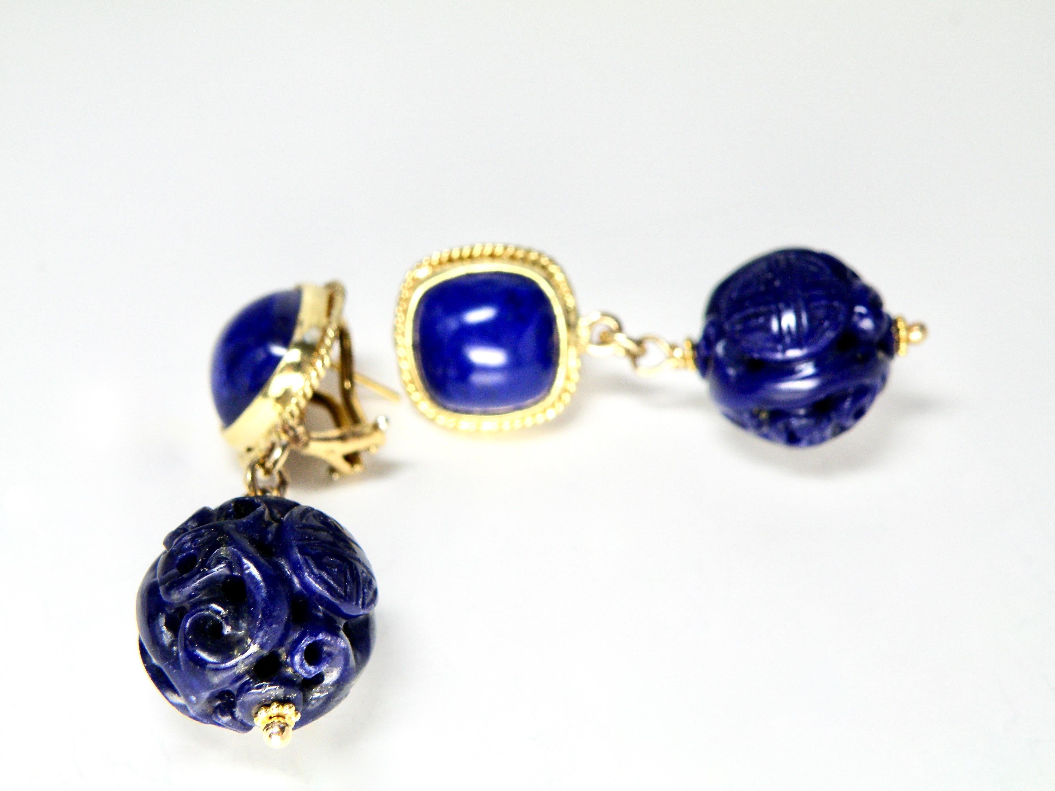 18K Lapis Lazuli earrings with dragon motif Lapis carved bead drop