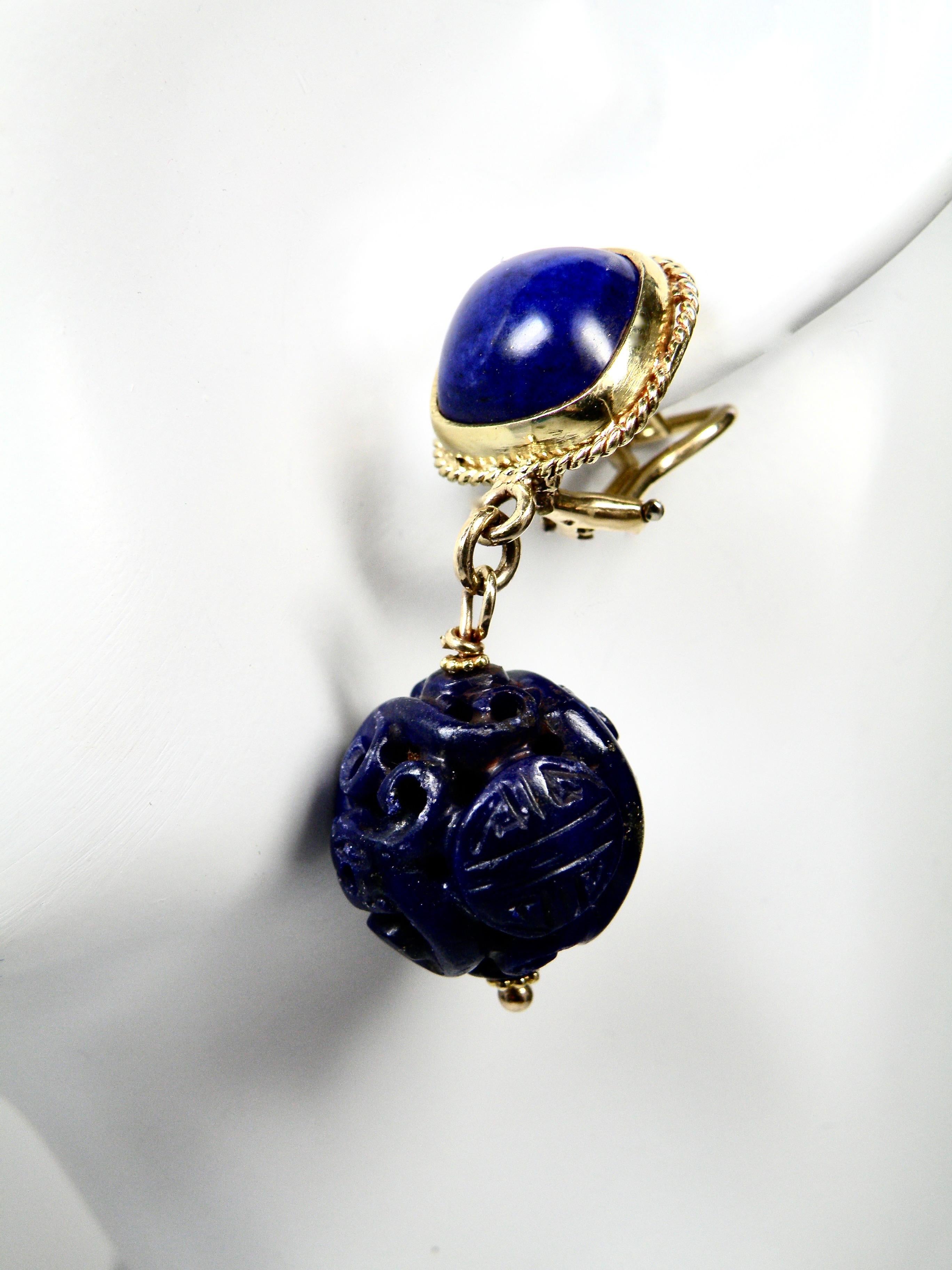 Bead 18k Gold Lapis Lazuli Dragon Motif Drop Earring For Sale