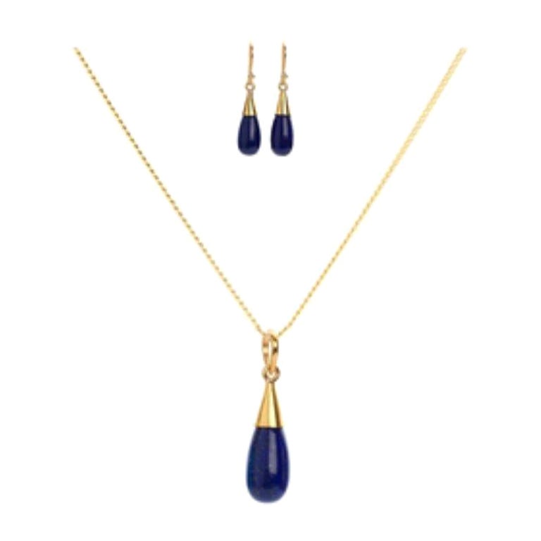 18 Karat Gold Lapislazuli Third Eye Chakra Tropfen Halskette & Ohrringe Geschenk-Set im Angebot