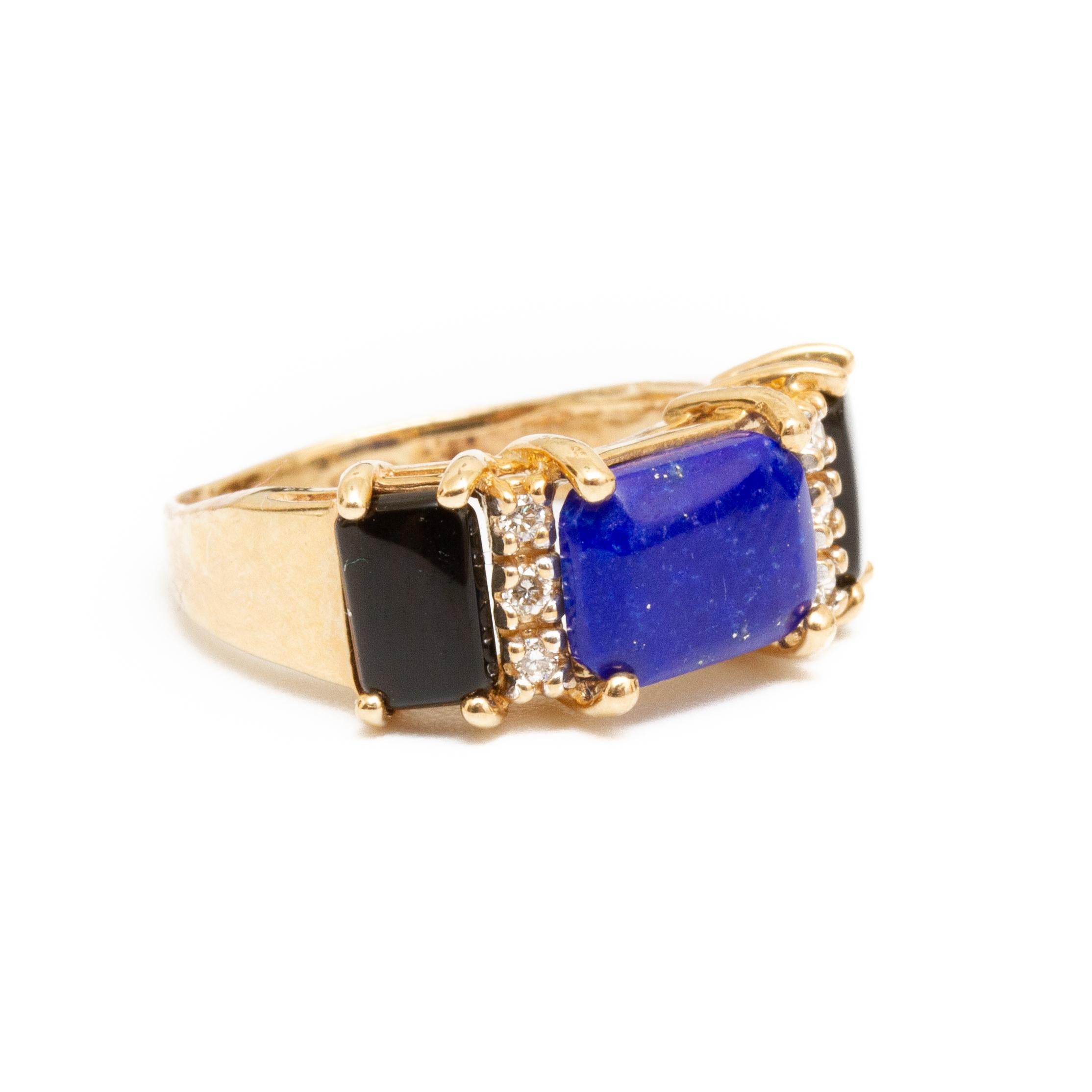18k gold lapis, onyx and diamond ring size 5.5. 1.7dwt From the Broussard estate noted jewelry collection Park Avenue New York