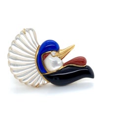 18K Gold Lapis Onyx Coral & Mother of Pearl Crane Pin