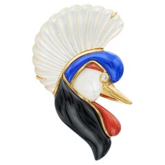 18K Gold Lapis Onyx Coral & Mother of Pearl Crane Pin