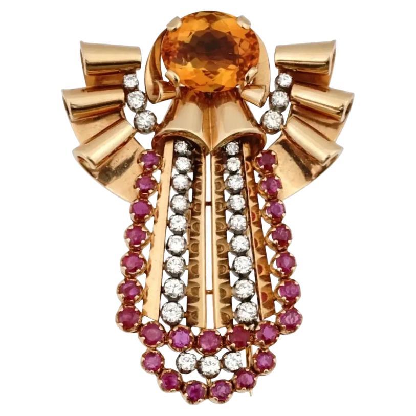 18K Gold Large Citrine Stone Ruby Diamonds Brooch For Sale