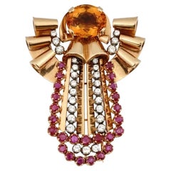 Vintage 18K Gold Large Citrine Stone Ruby Diamonds Brooch