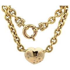 18k Gold Large Puffed Heart Pendant Cable Link Chain Necklace w/ Diamonds