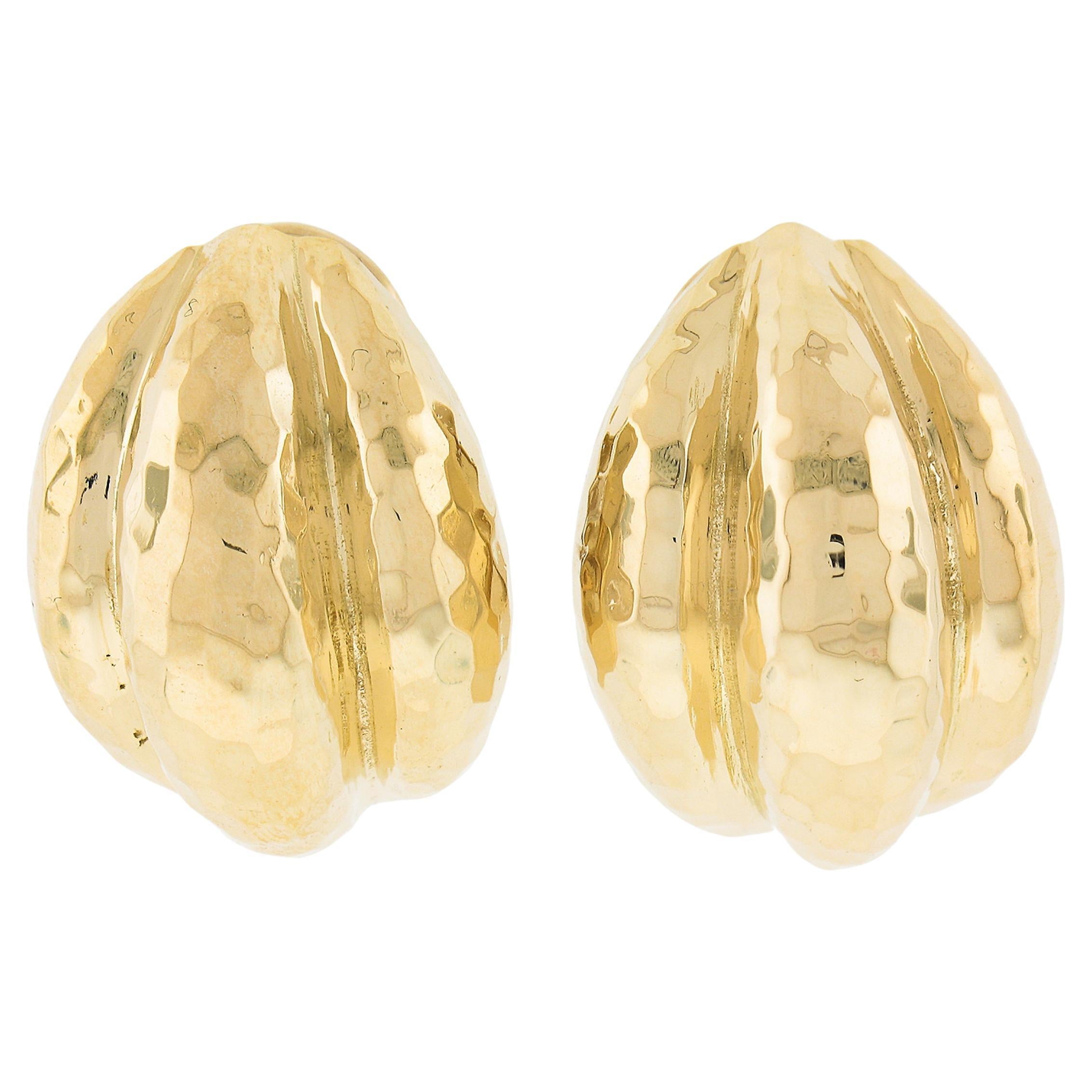 18k Gold Large Wide 20mm Hammered Domed Scalloped Omega Back Button Earrings For Sale