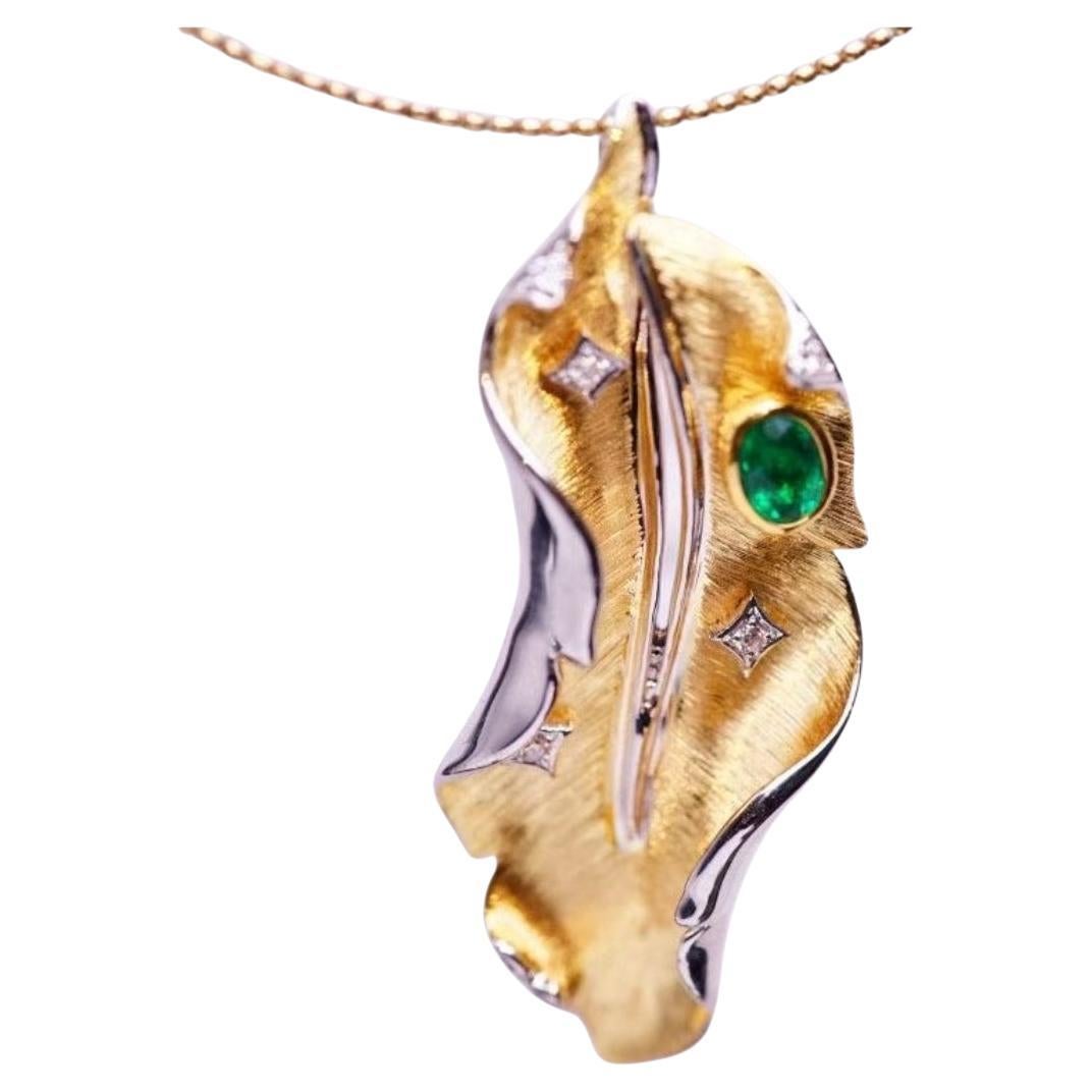 18K Gold Leaf Designed Brooch/Pendant with Natural Emerald and Diamond