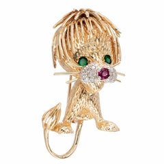 18K Gold Lion Cub Brooch with Ruby, Emerald, Diamond, CF Signed, 1960s